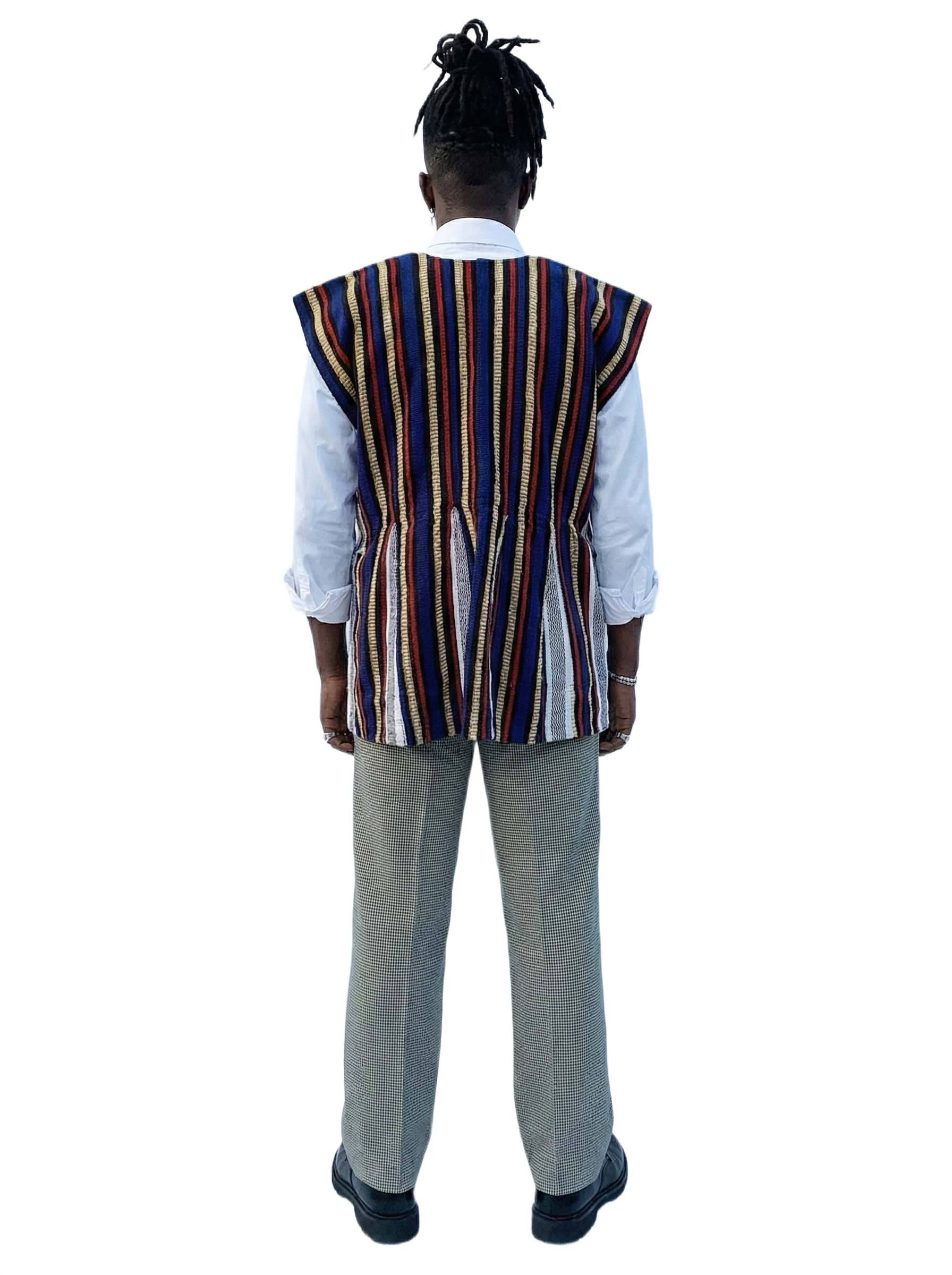 Star Blue, Red, Gold & Ivory Stripes Handwoven Embroidered Batakari Fugu