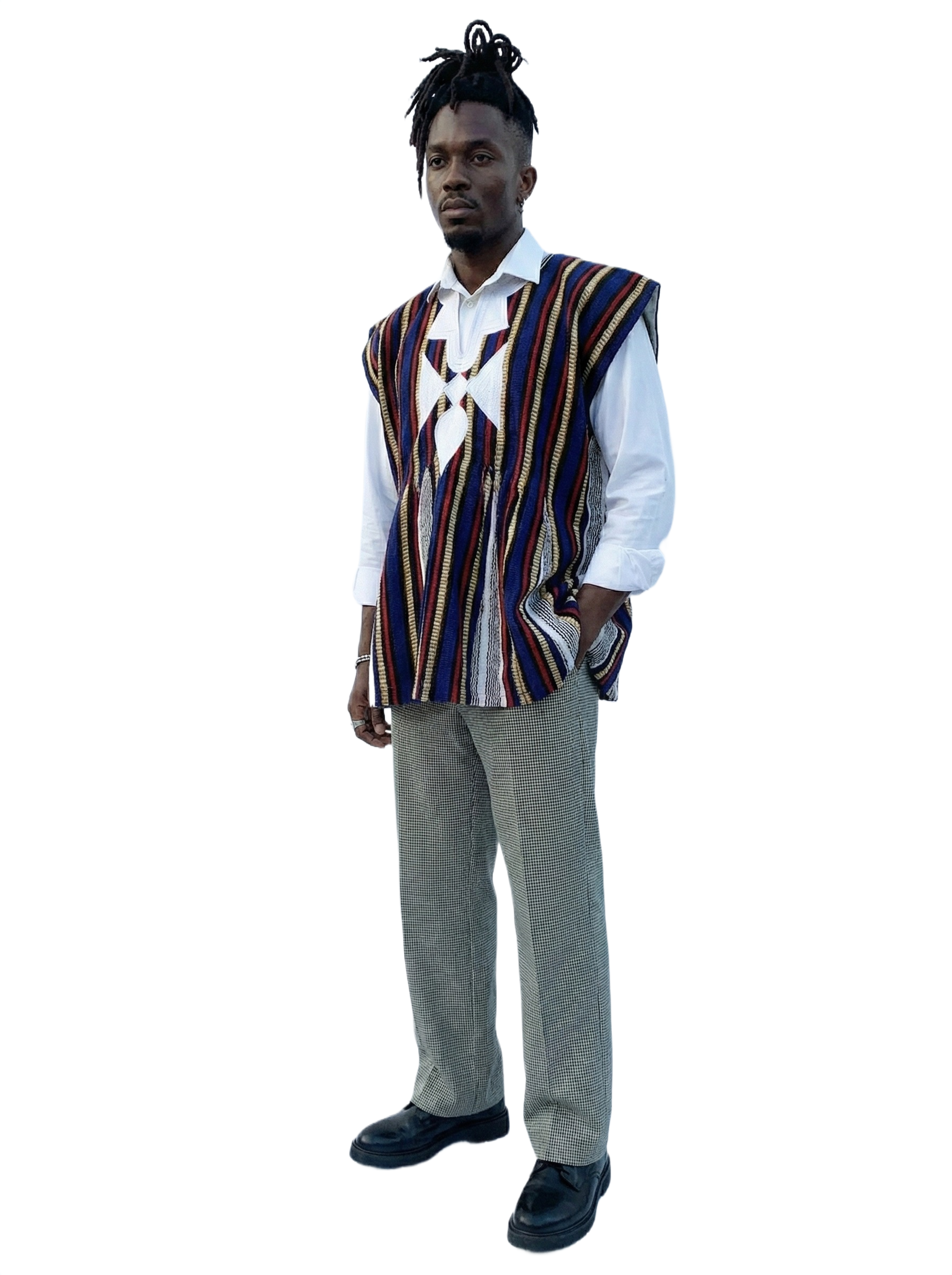 Star Blue, Red, Gold & Ivory Stripes Handwoven Embroidered Batakari Fugu