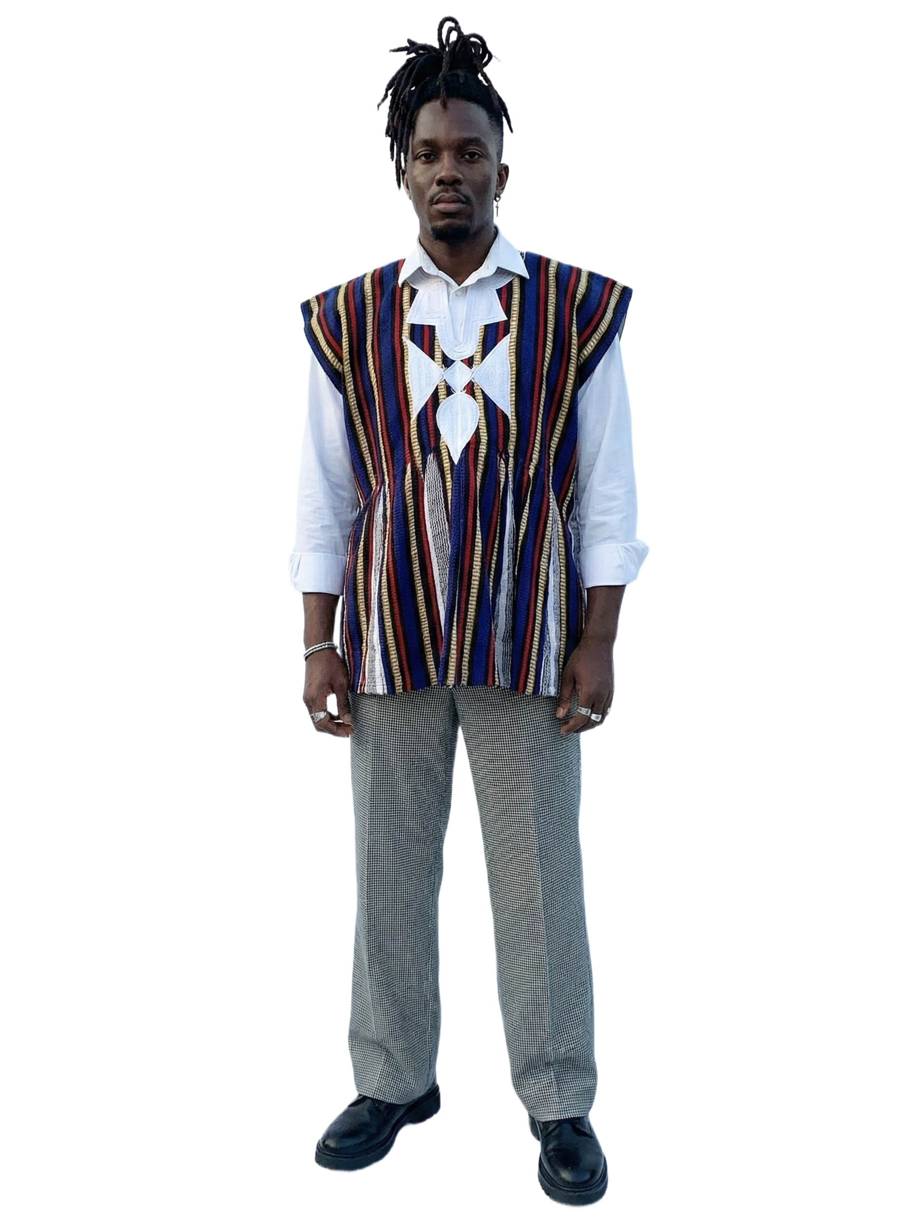 Star Blue, Red, Gold & Ivory Stripes Handwoven Embroidered Batakari Fugu