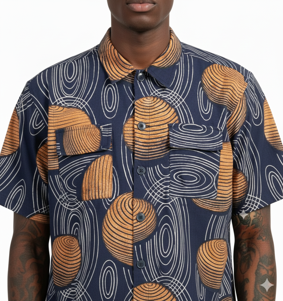 Mars Design Orange, Black & White Sphere Ankara Short Shirt