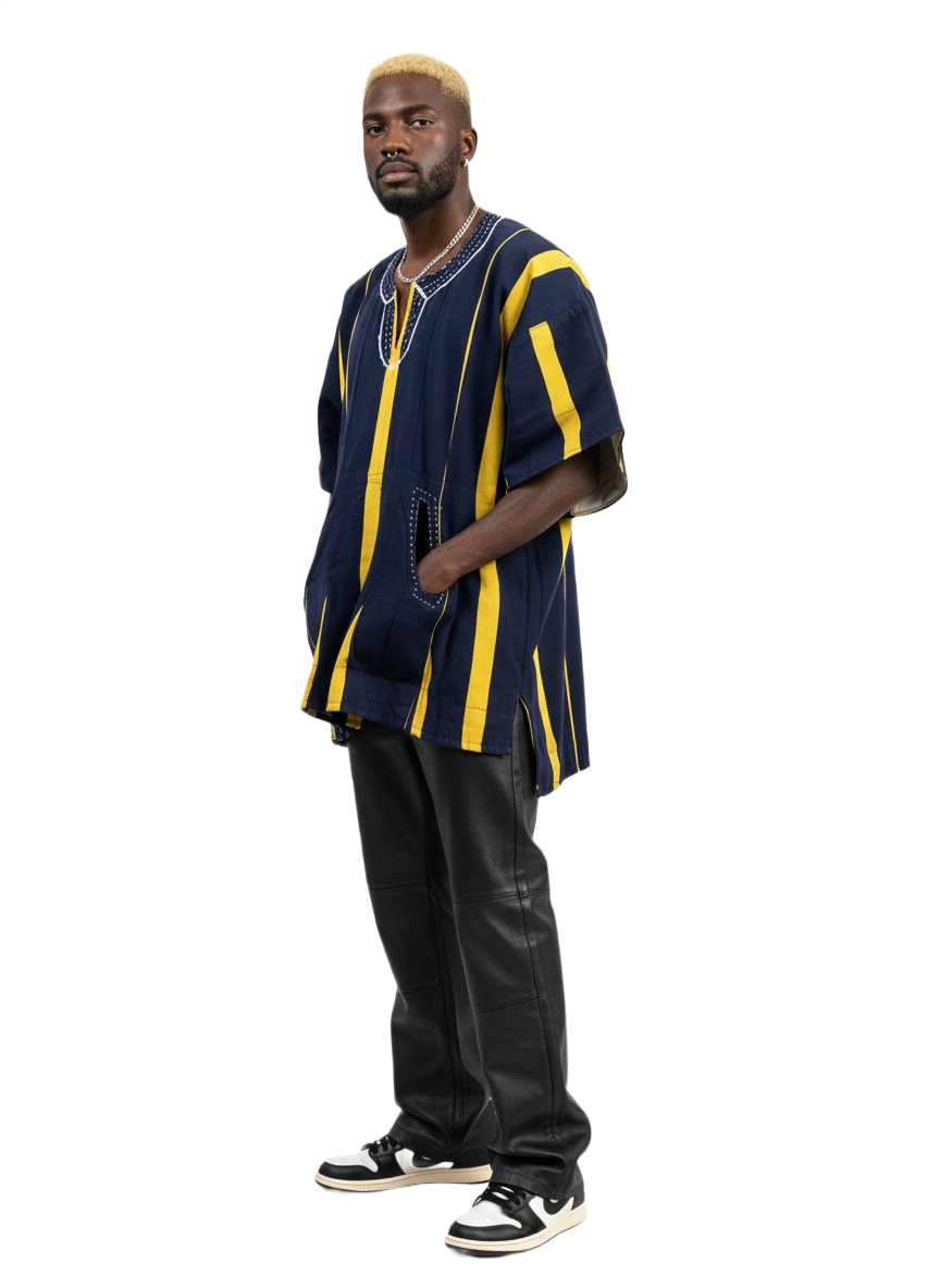 Navy Blue & Yellow Striped Handwoven Short Sleeve Batakari Fugu