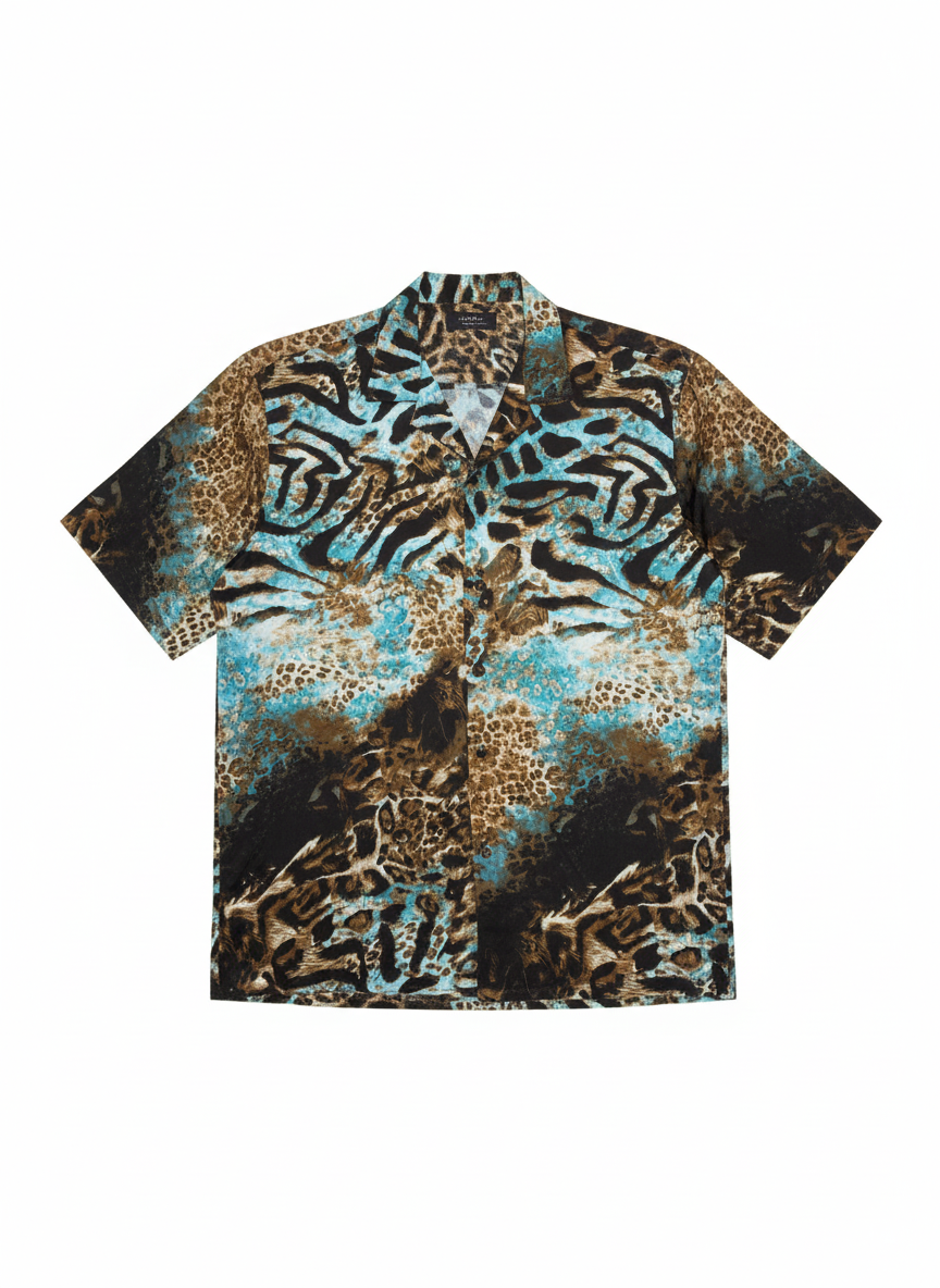 Ice Blue Tiger Print Silk Short Sleeve Smart Shirt