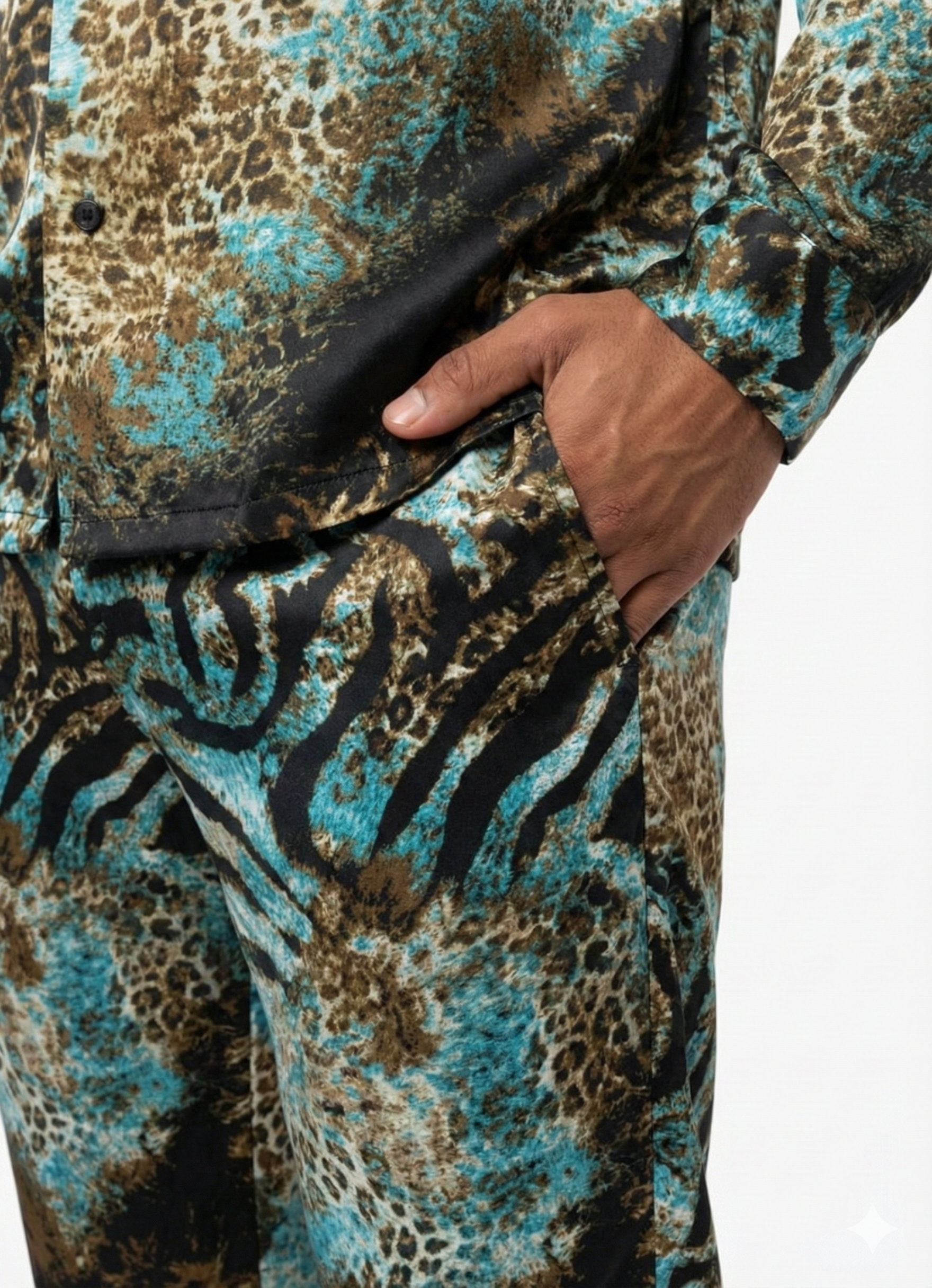 Ice Blue Tiger Print Silk Relaxed Trousers