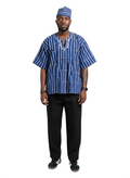 Blue & White Striped Handwoven Short Sleeve Kente Batakari Fugu with Hat