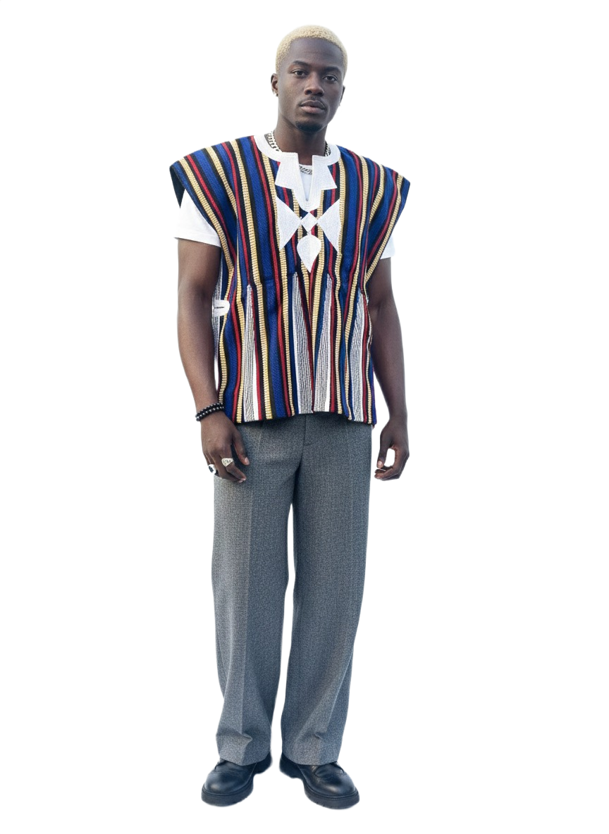 Blouse tissée à la main unisexe - rayures bleues, rouges et ivoire #SMK707