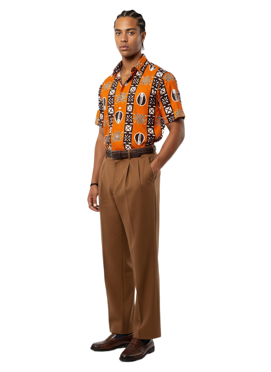 Cocoa Earth Brown & Burnt Orange Symmetrical Print Short Sleeve Shirt