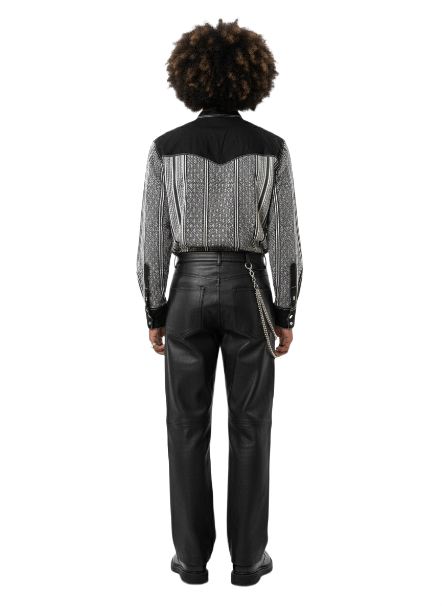 Mandarin Collar Black Panel & White Striped Ankara Shirt