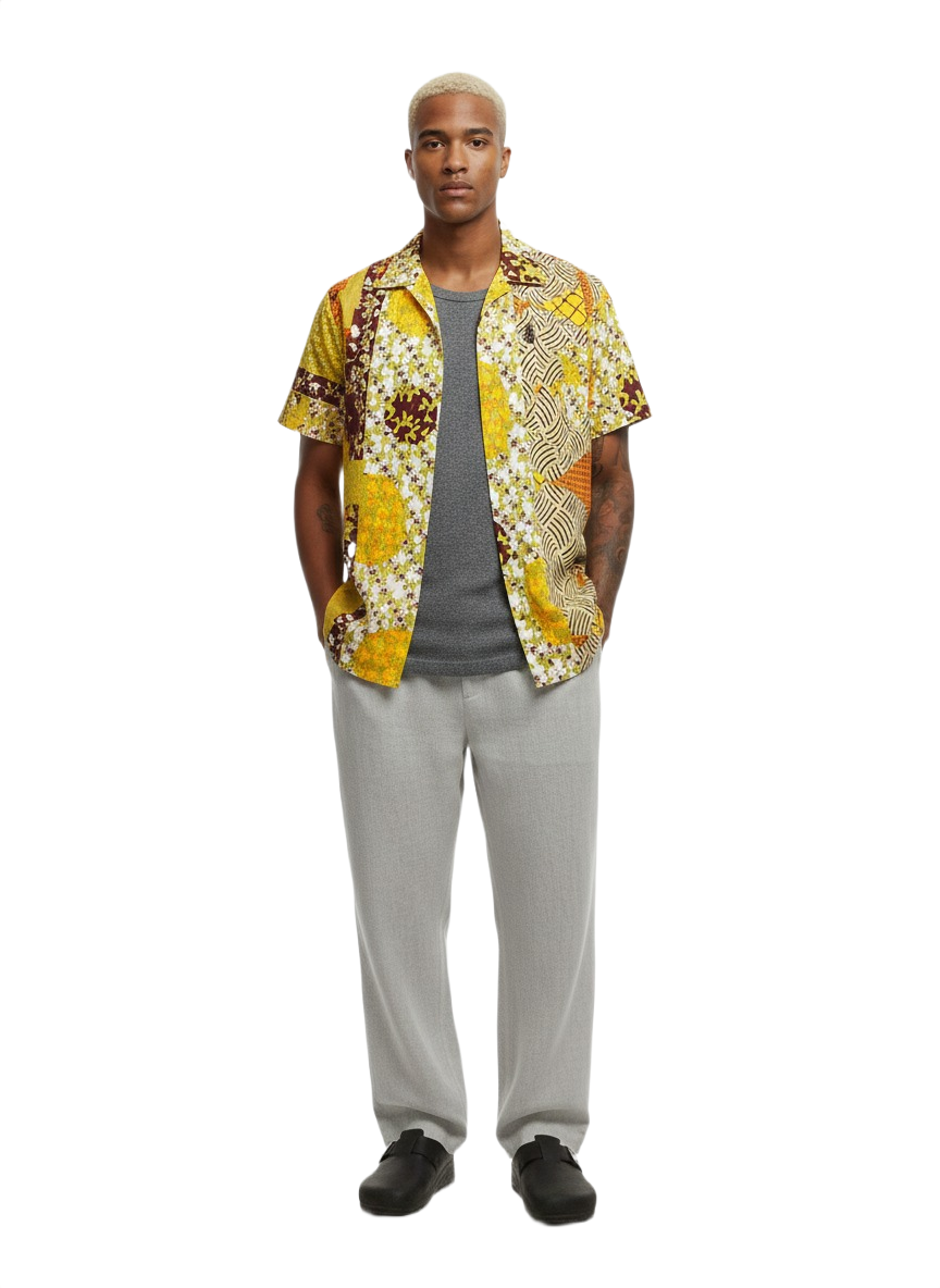 Yellow, Lime Green & Burgundy Abstract Design Ankara Shirt