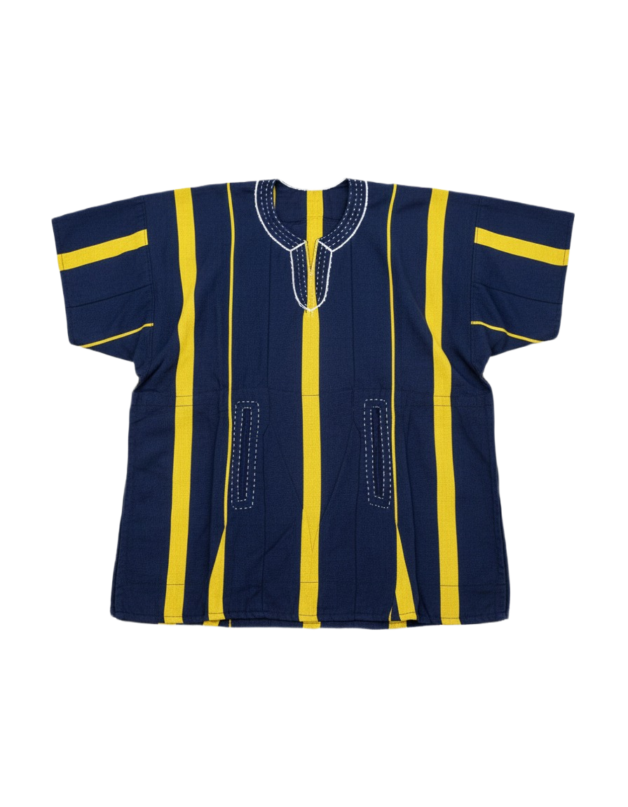 Navy Blue & Yellow Striped Handwoven Short Sleeve Batakari Fugu