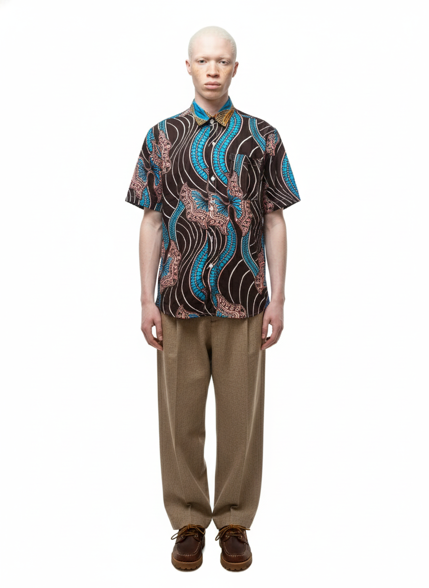 Asante Chocolate, Flamingo & Blue Ankara Short Sleeve Shirt