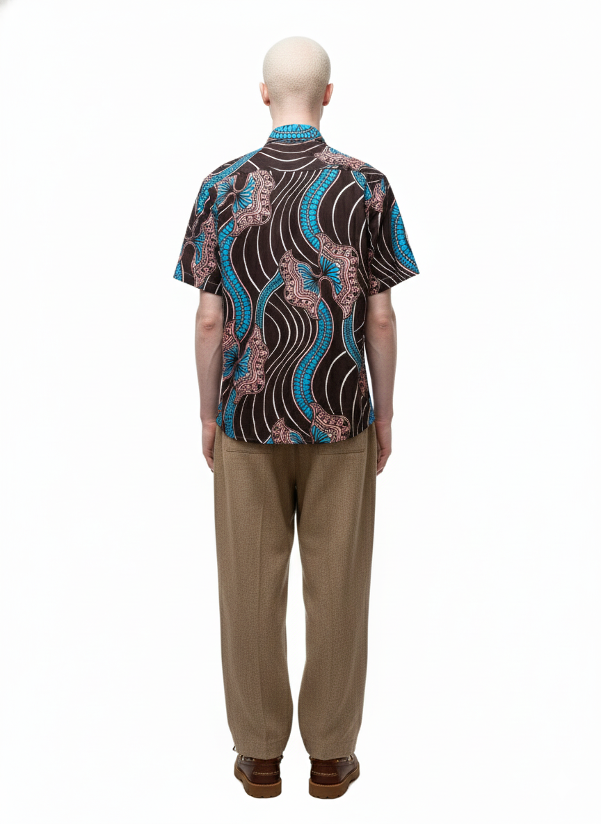 Asante Chocolate, Flamingo & Blue Ankara Short Sleeve Shirt