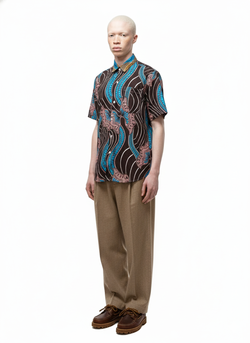 Asante Chocolate, Flamingo & Blue Ankara Short Sleeve Shirt