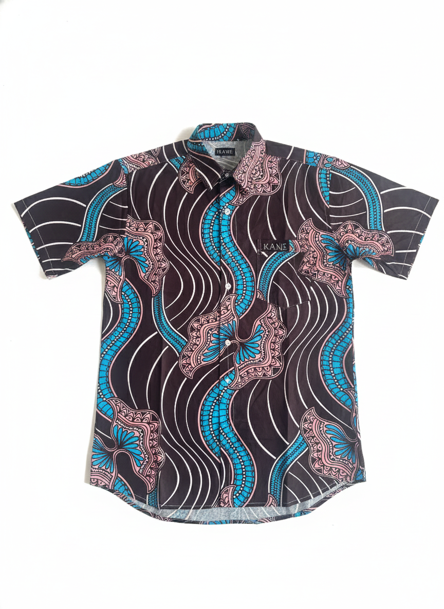 Asante Chocolate, Flamingo & Blue Ankara Short Sleeve Shirt