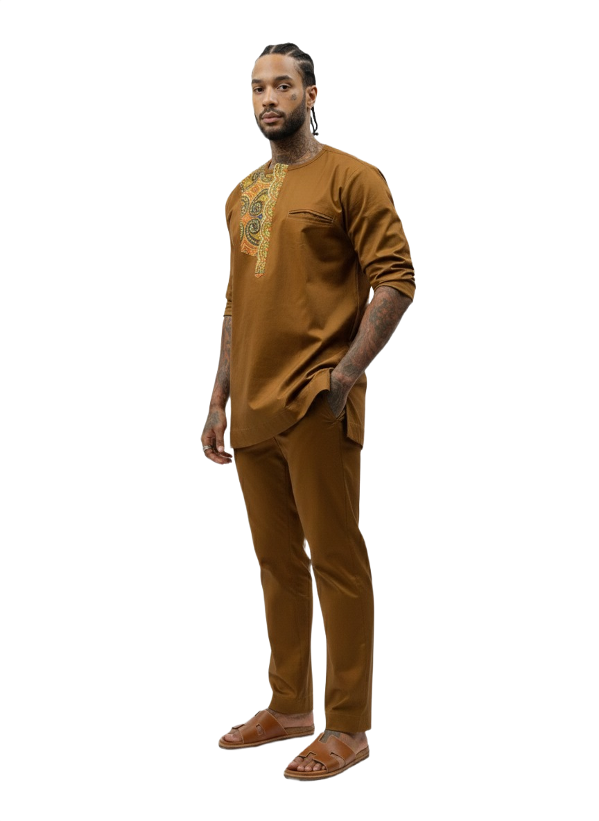 Caramel Osahene Regency Ankara Long-Sleeved Button Crew Neck Top