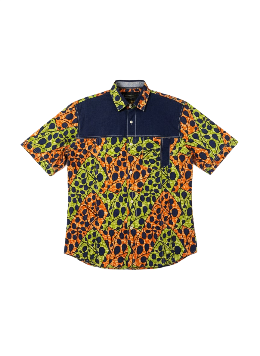 Speckled Lime Green, Combination Black, & Orange Ankara Short Sleeve Shirt