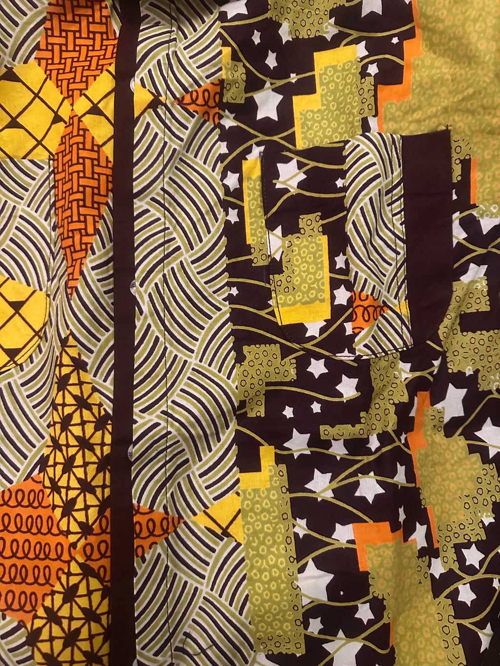 Double Curved Collar Yellow, Lime Green & Burgundy Abstract Ankara Shirt