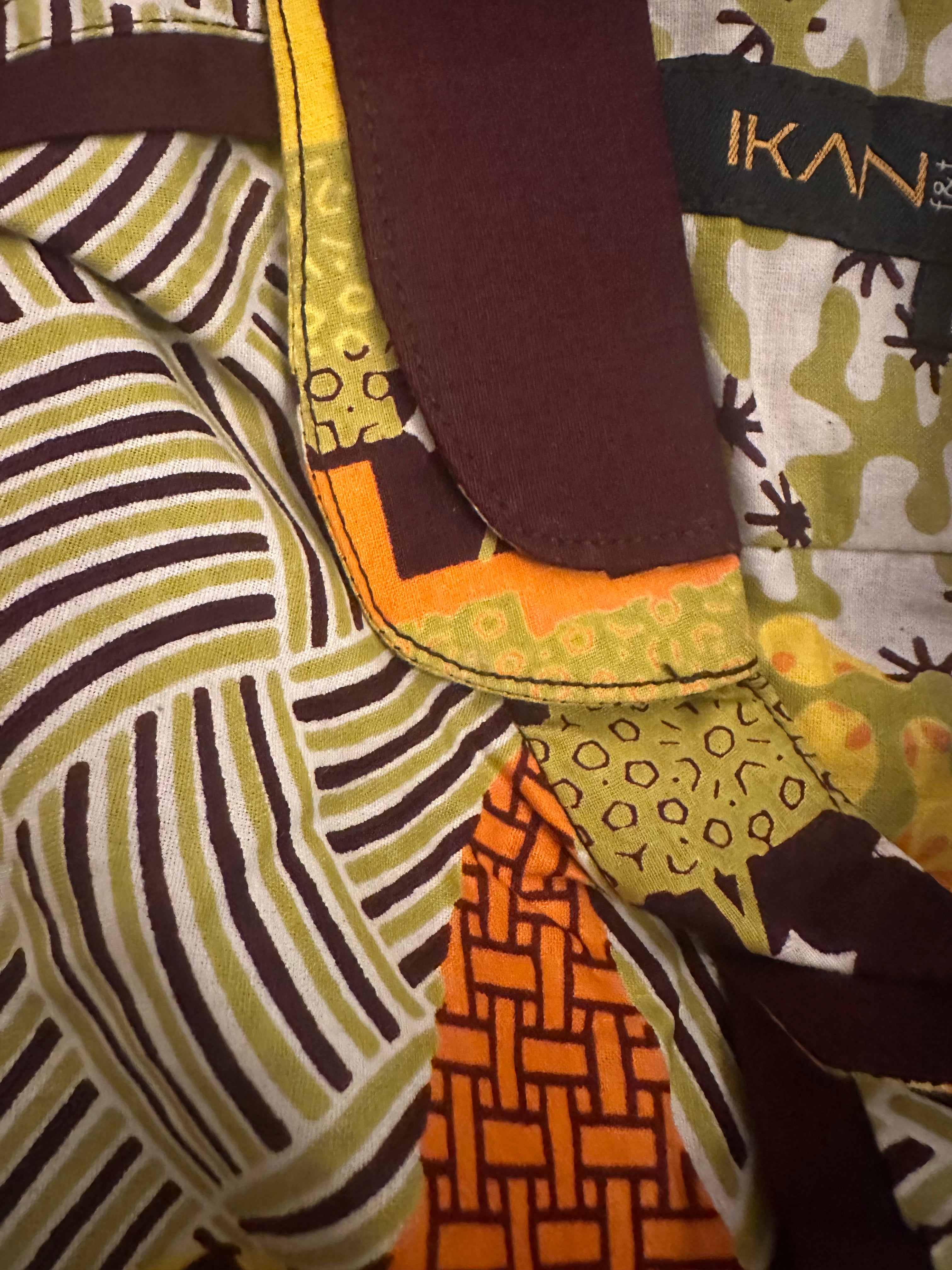 Double Curved Collar Yellow, Lime Green & Burgundy Abstract Ankara Shirt