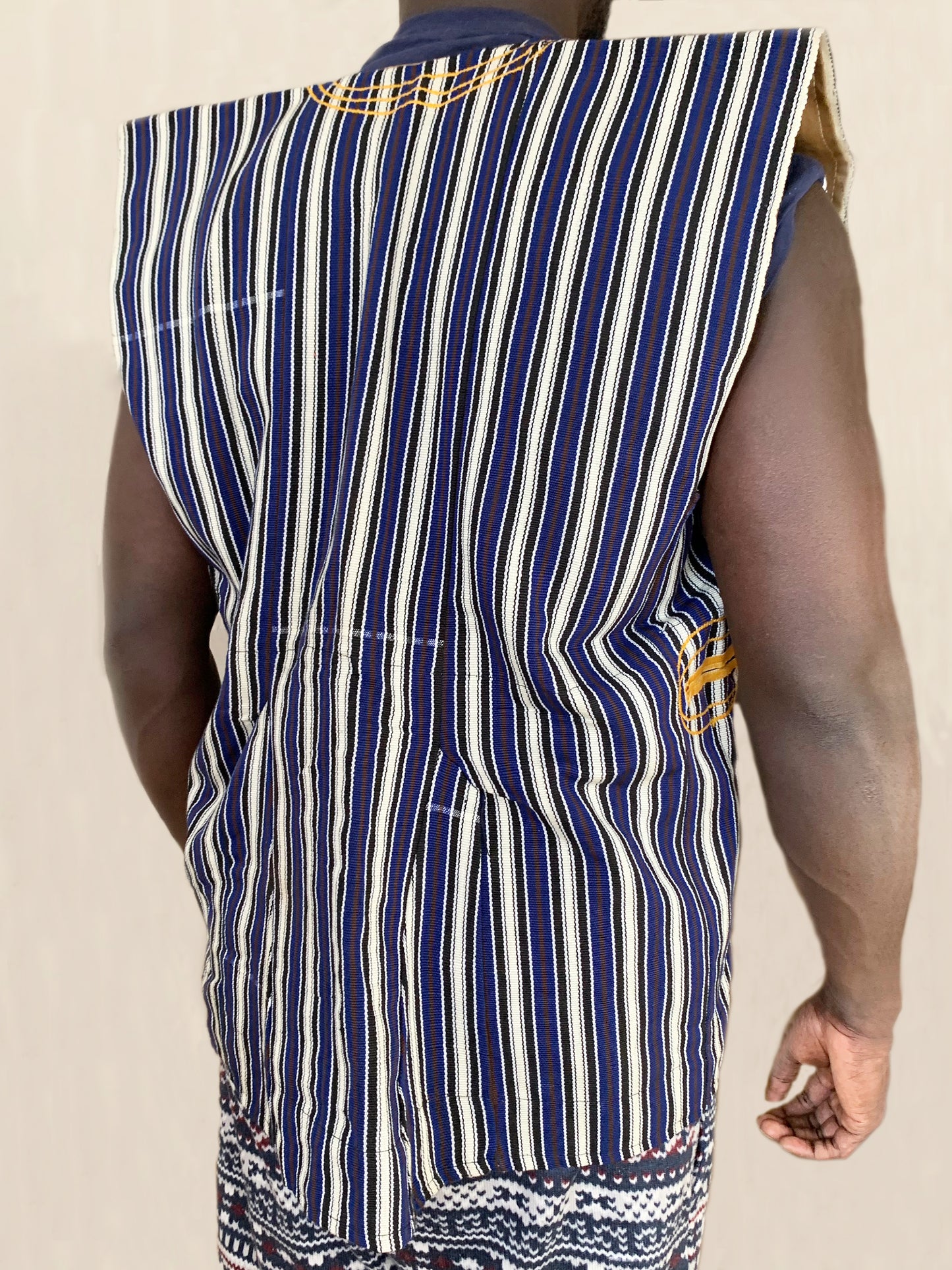 Chemise unisexe tissée à la main - Bleu, noir, marron et blanc Midi Stripes #SMK717