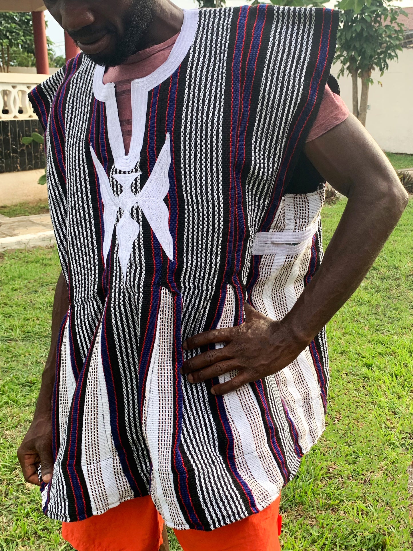 Handwoven African Batakari / fugu Smock - Black/White/Red/Blue Stripes (One Size: S-XL) #SMK709