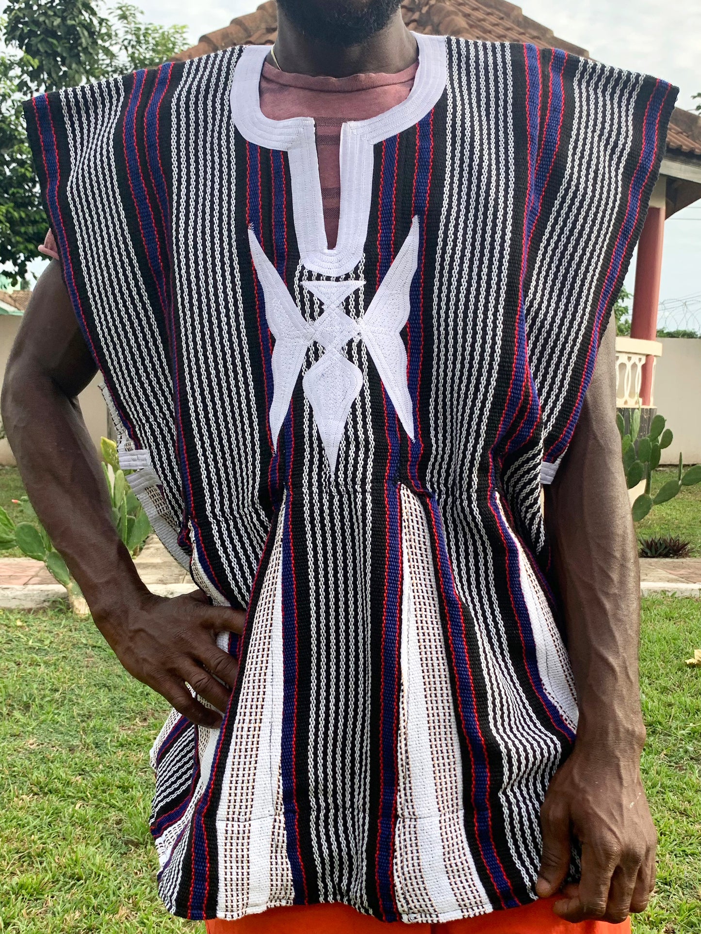 Handwoven African Batakari / fugu Smock - Black/White/Red/Blue Stripes (One Size: S-XL) #SMK709