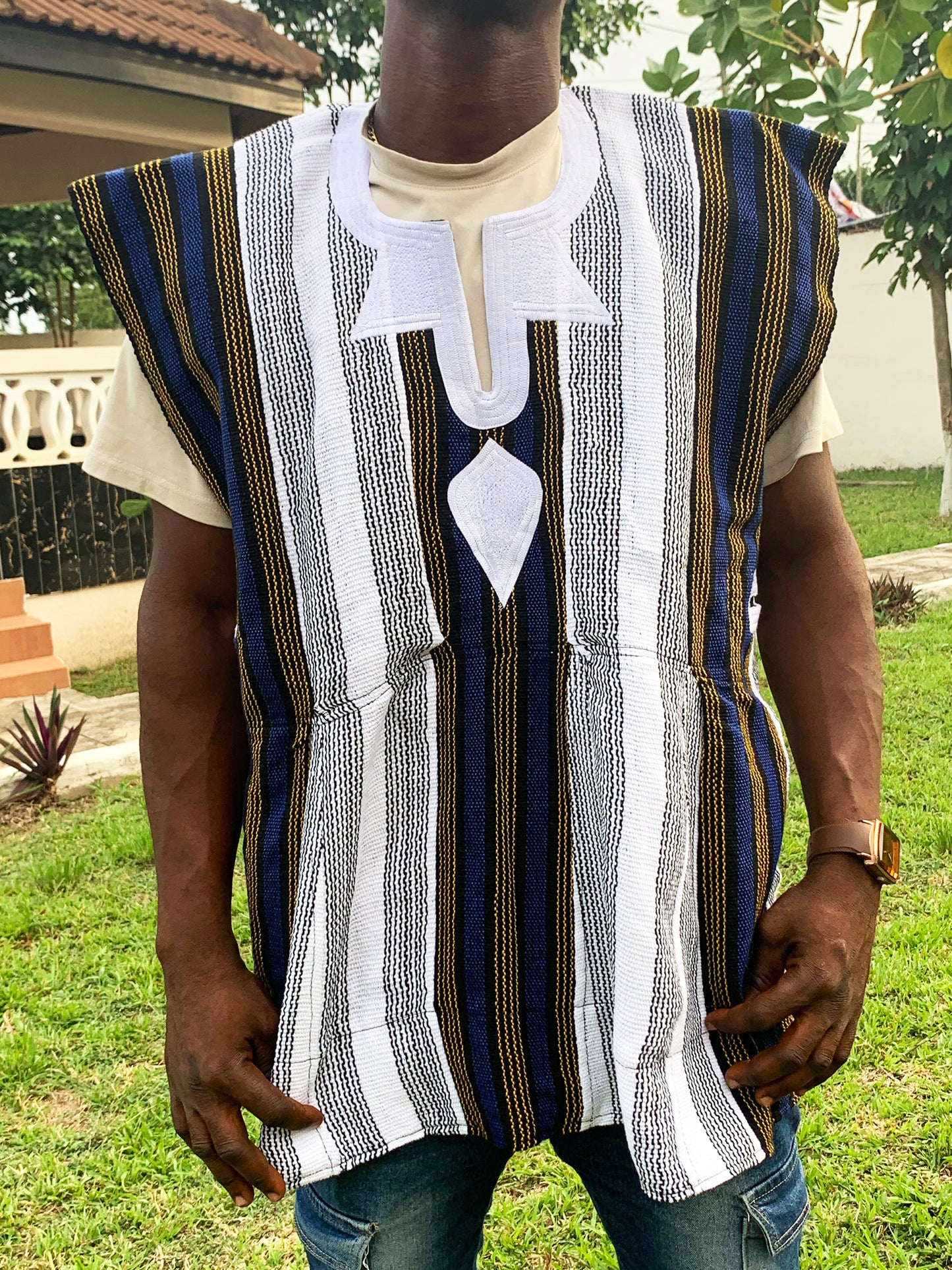 Handwoven Men's African Batakari Fugu Smock (One Size: S-XL)- White, Navy, Mustard & Blue pinstripes