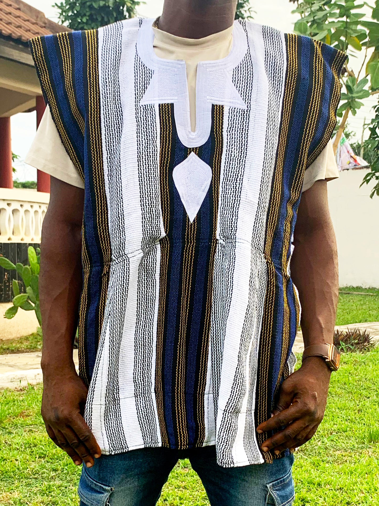 Handwoven Men's African Batakari Fugu Smock (One Size: S-XL)- White, Navy, Mustard & Blue pinstripes