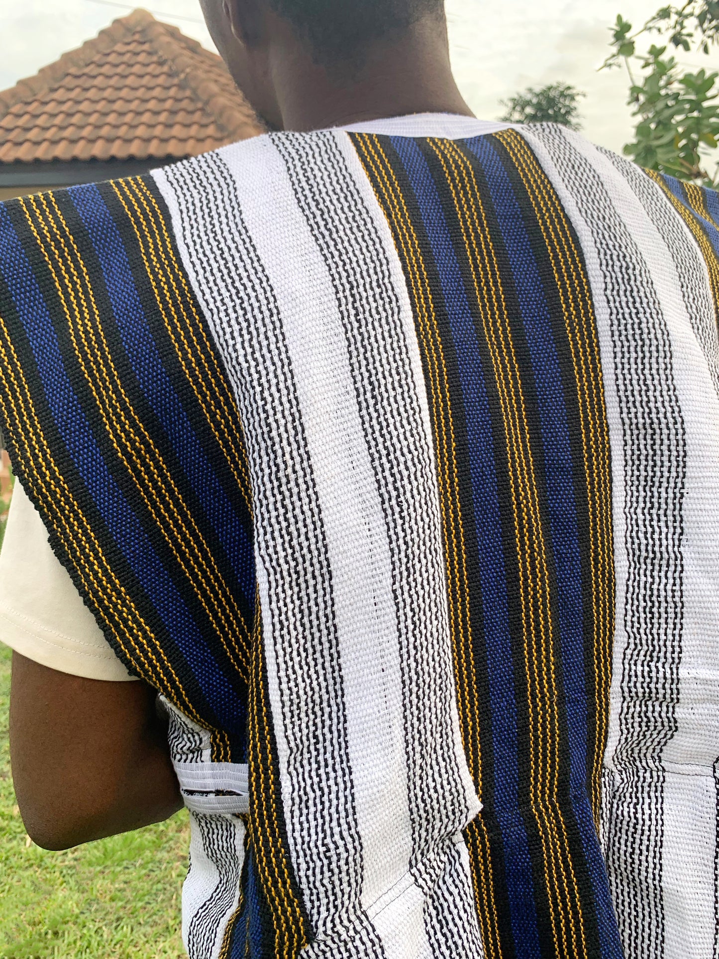 Handwoven Men's African Batakari Fugu Smock (One Size: S-XL)- White, Navy, Mustard & Blue pinstripes