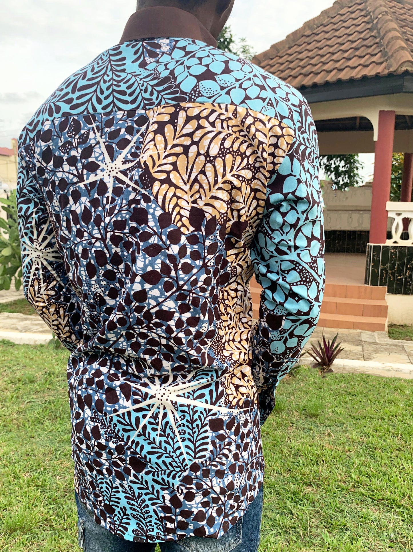 Earth tones ankara wax print long sleeve shirt with spread collar & cufflink hole cuffs