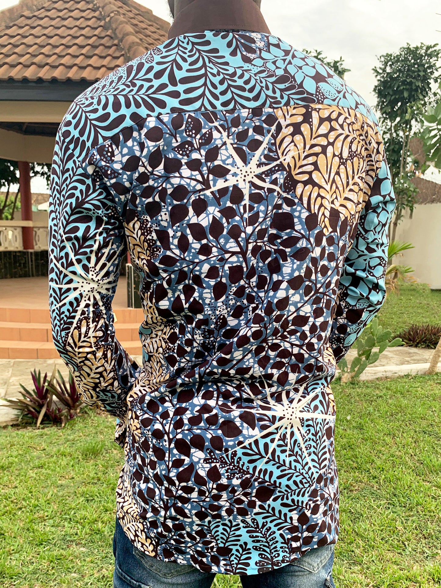 Earth tones ankara wax print long sleeve shirt with spread collar & cufflink hole cuffs