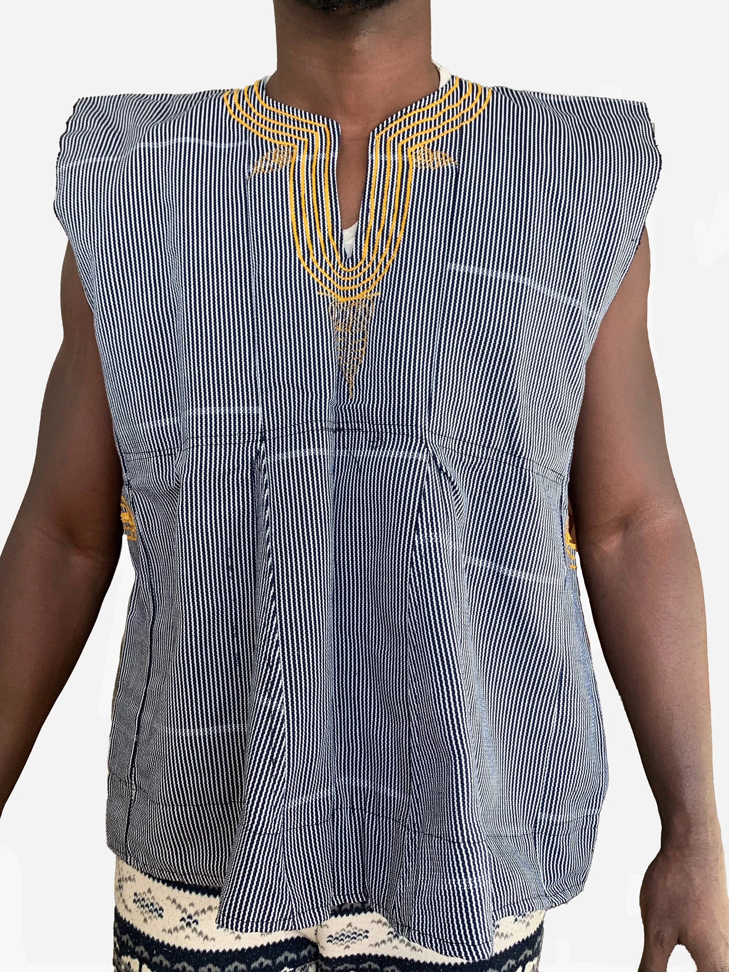 Handwoven Men's Kente Batakari Fugu Smock | One Size (S-XL)- 'Pinstripes' Navy blue & White