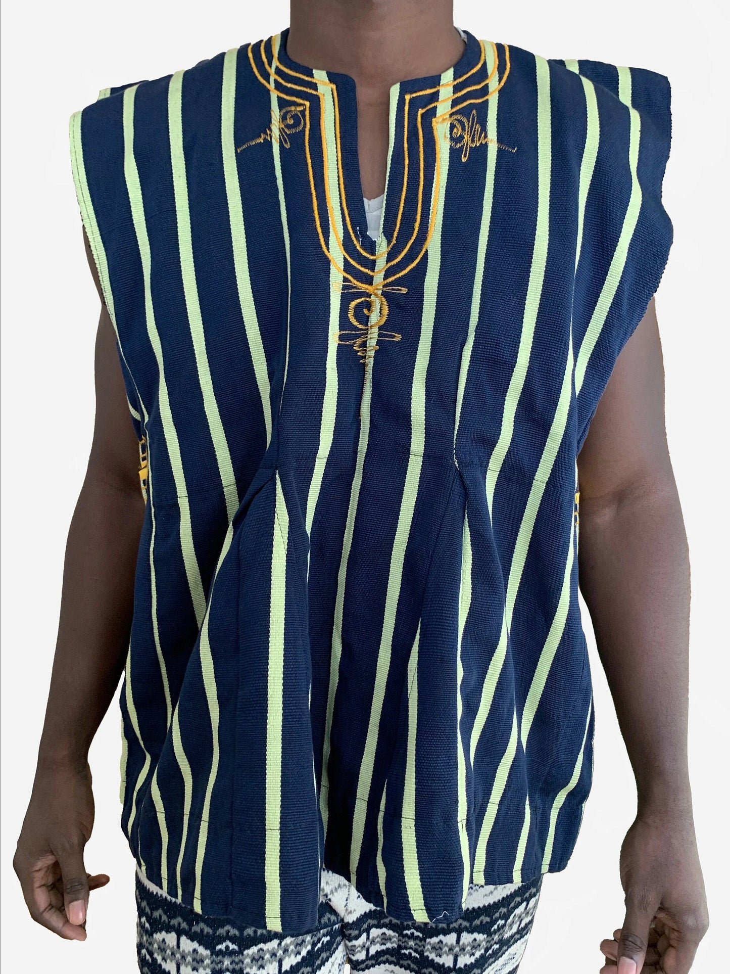 Handwoven Men's Kente Batakari Fugu Smock Tunic | 100% Cotton - Navy & Pale green/yellowish stripes