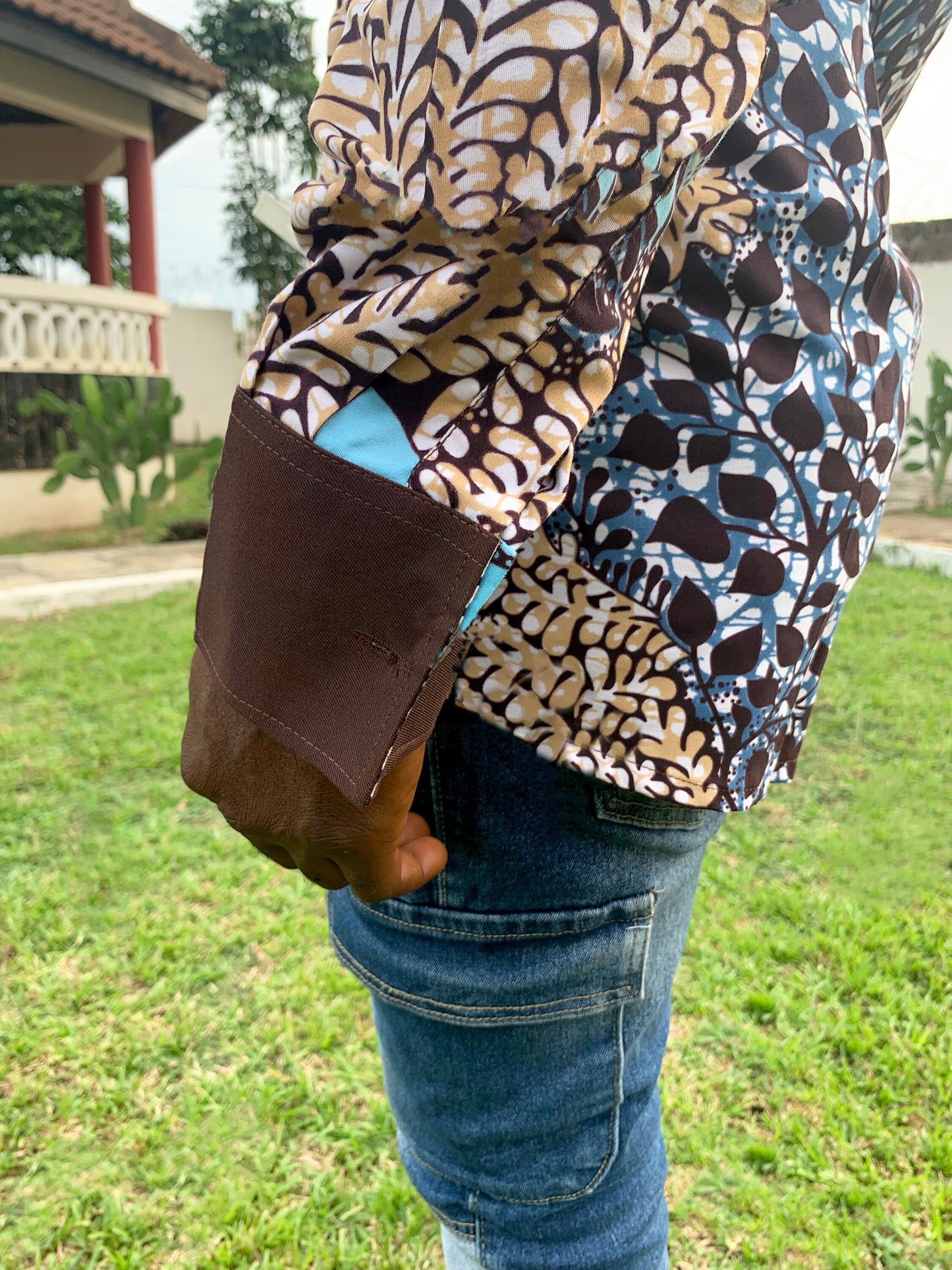 Earth tones ankara wax print long sleeve shirt with spread collar & cufflink hole cuffs