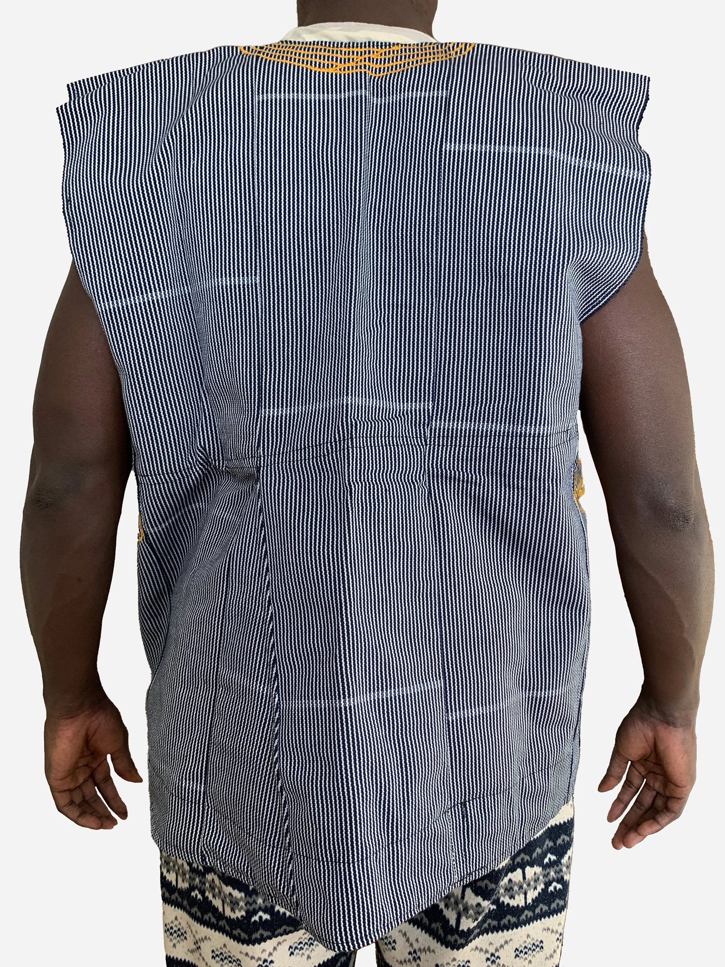 Handwoven Men's Kente Batakari Fugu Smock | One Size (S-XL)- 'Pinstripes' Navy blue & White