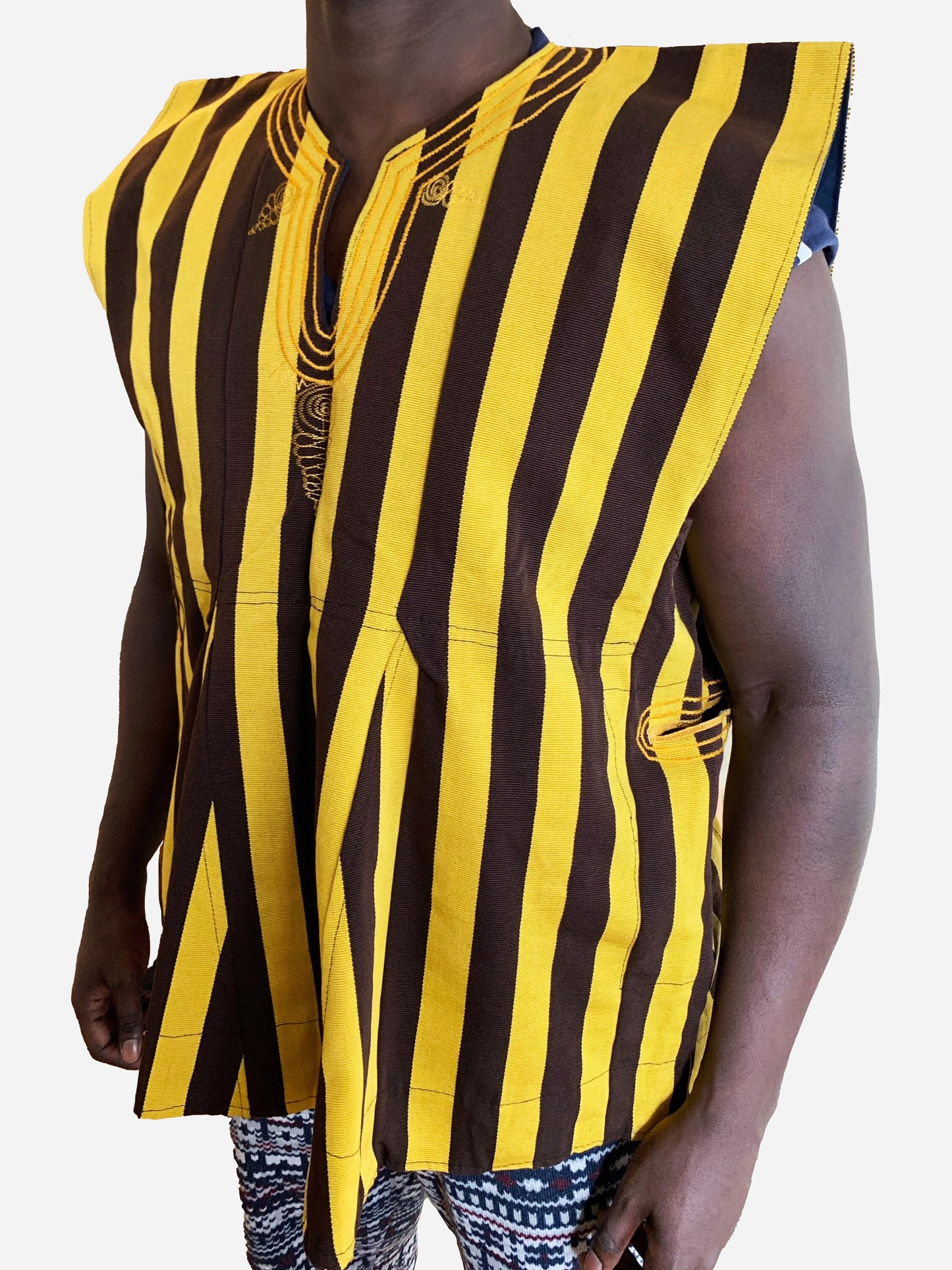 Handwoven Men's Kente Batakari Fugu Smock | One Size (S-XL)- 'Bee' Golden yellow & dark brown stripes