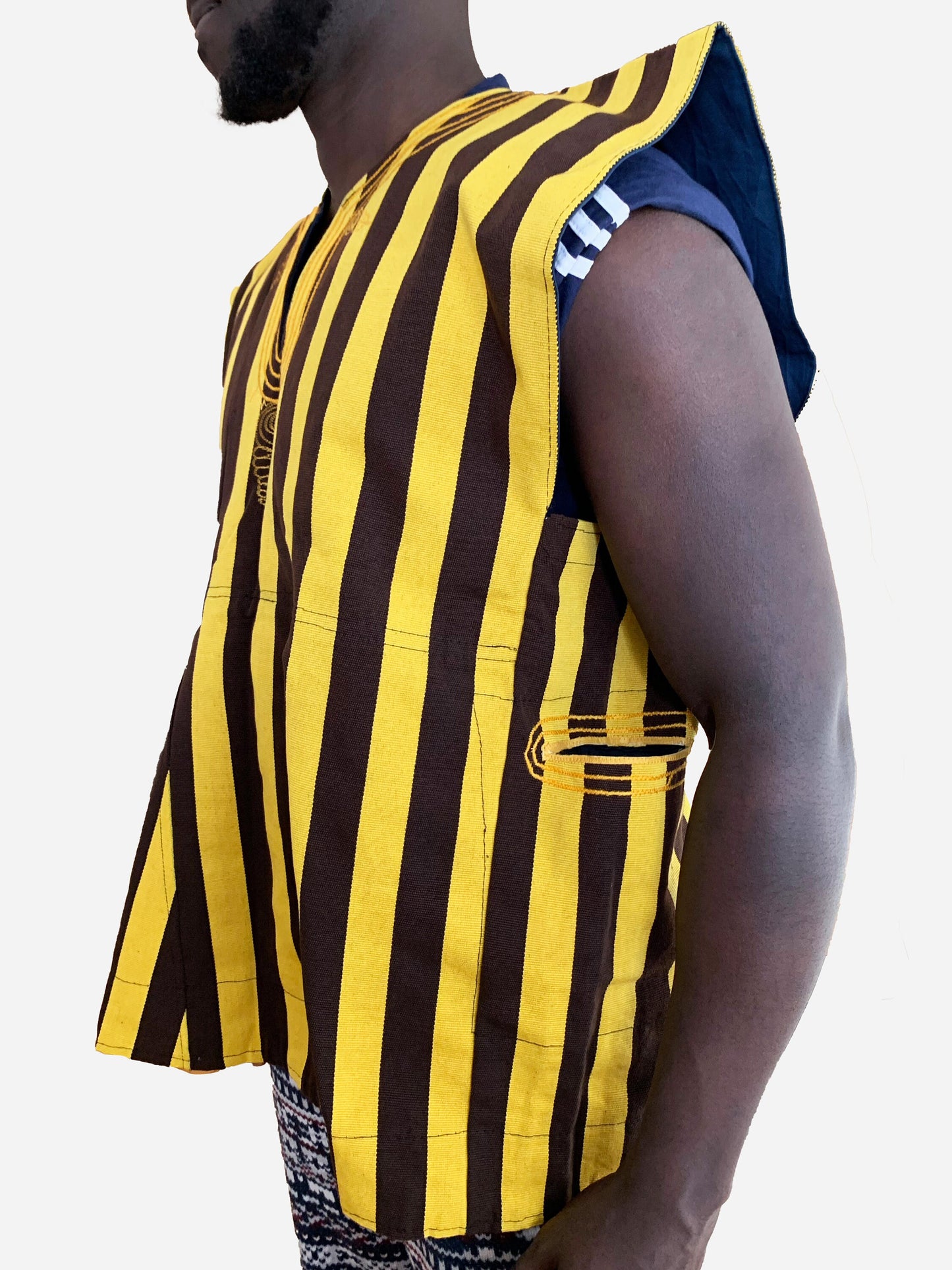 Handwoven Men's Kente Batakari Fugu Smock | One Size (S-XL)- 'Bee' Golden yellow & dark brown stripes