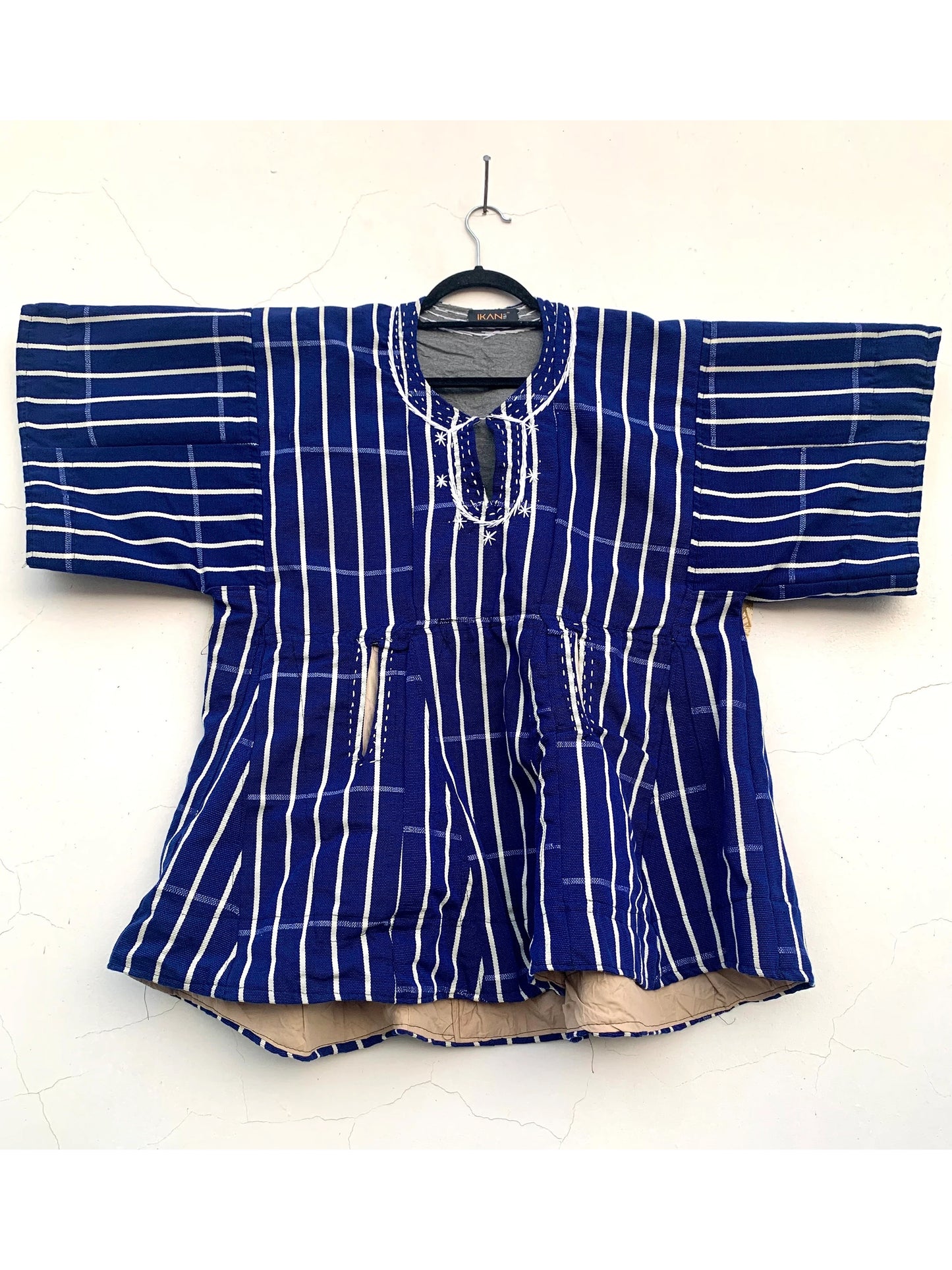 Handwoven Men's Short Sleeve Kente Batakari Fugu Smock with Hat | One Size (S-XL)- Blue & white stripes