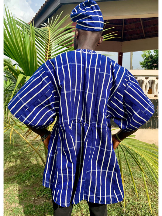 Handwoven Men's Short Sleeve Kente Batakari Fugu Smock with Hat | One Size (S-XL)- Blue & white stripes