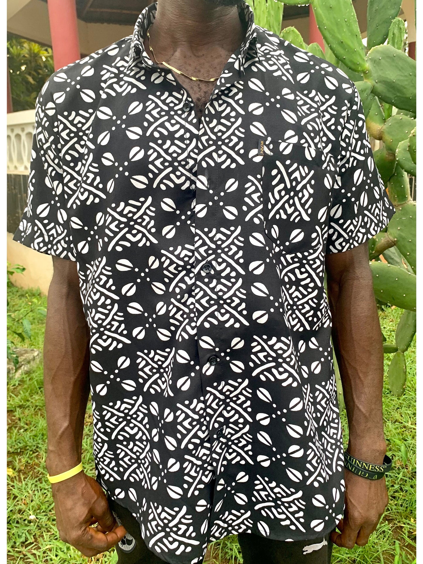 Black and white tribal ankara wax print short sleeve button shirt with front pocket