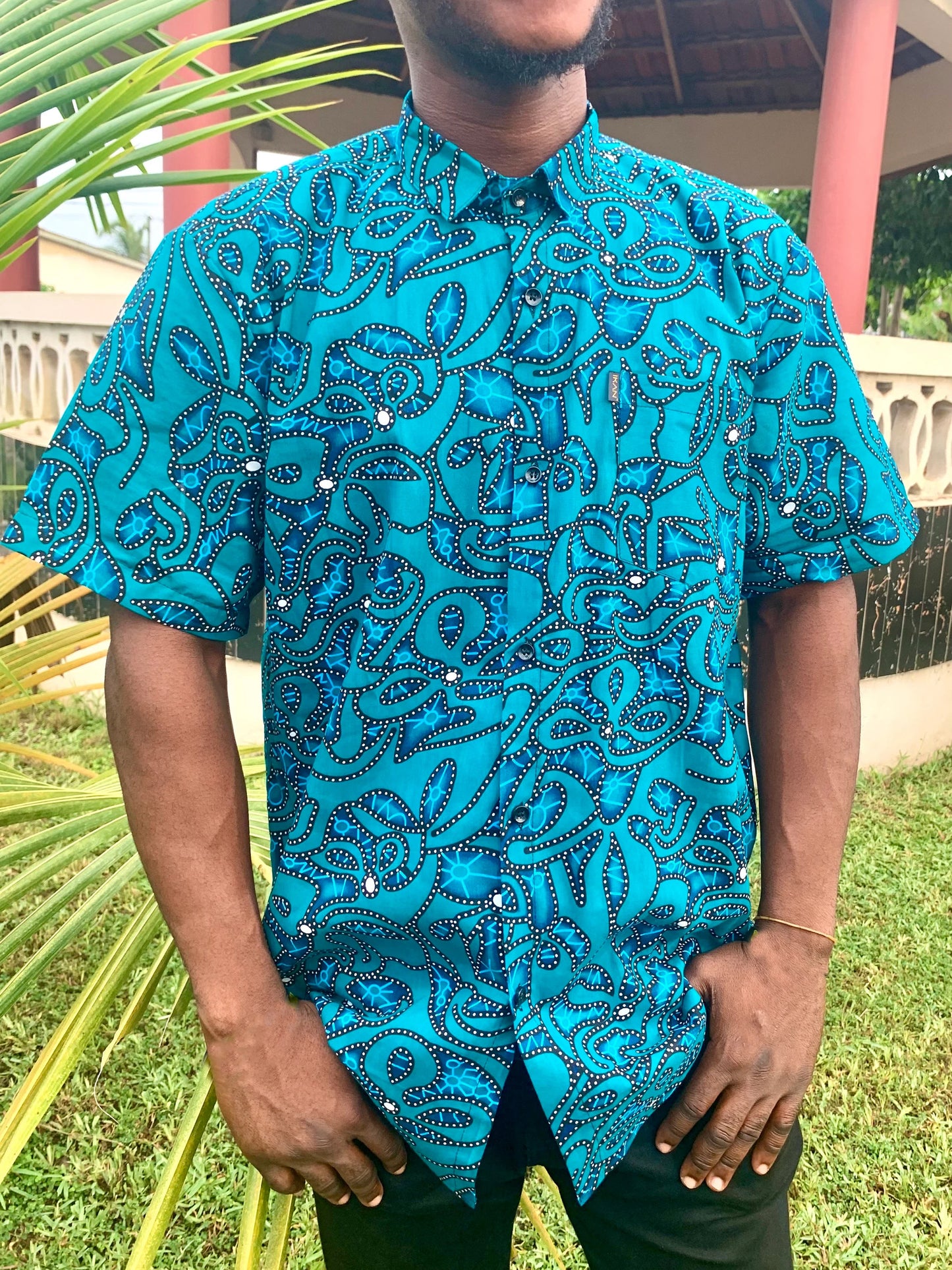 Sea green / blue ankara wax print short sleeve buttoned shirt with front pocket