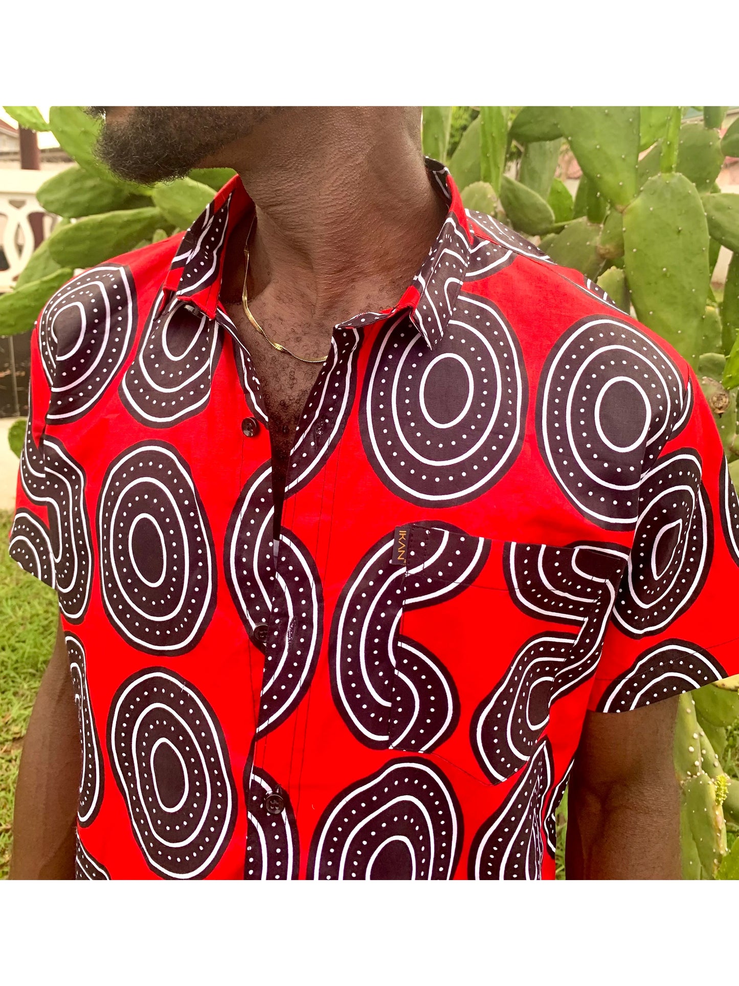 Red and black circles ankara wax print short sleeve buttoned shirt with front pocket