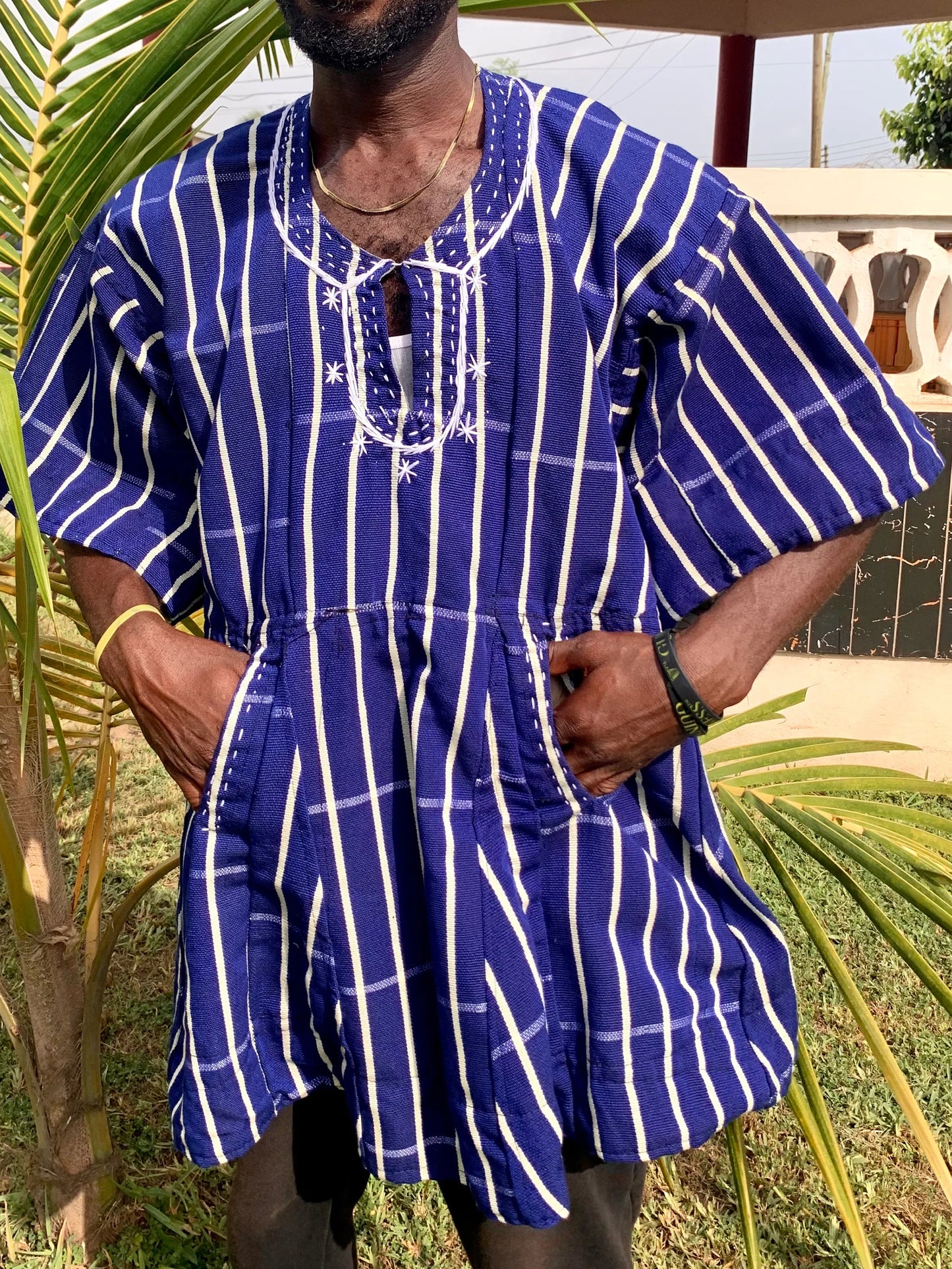 Handwoven Men's Short Sleeve Kente Batakari Fugu Smock with Hat | One Size (S-XL)- Blue & white stripes