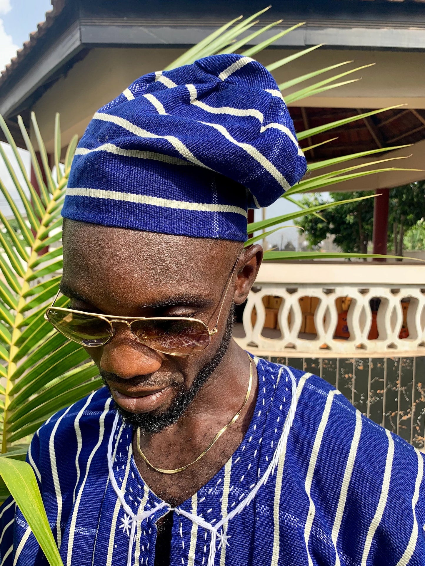 Handwoven Men's Short Sleeve Kente Batakari Fugu Smock with Hat | One Size (S-XL)- Blue & white stripes