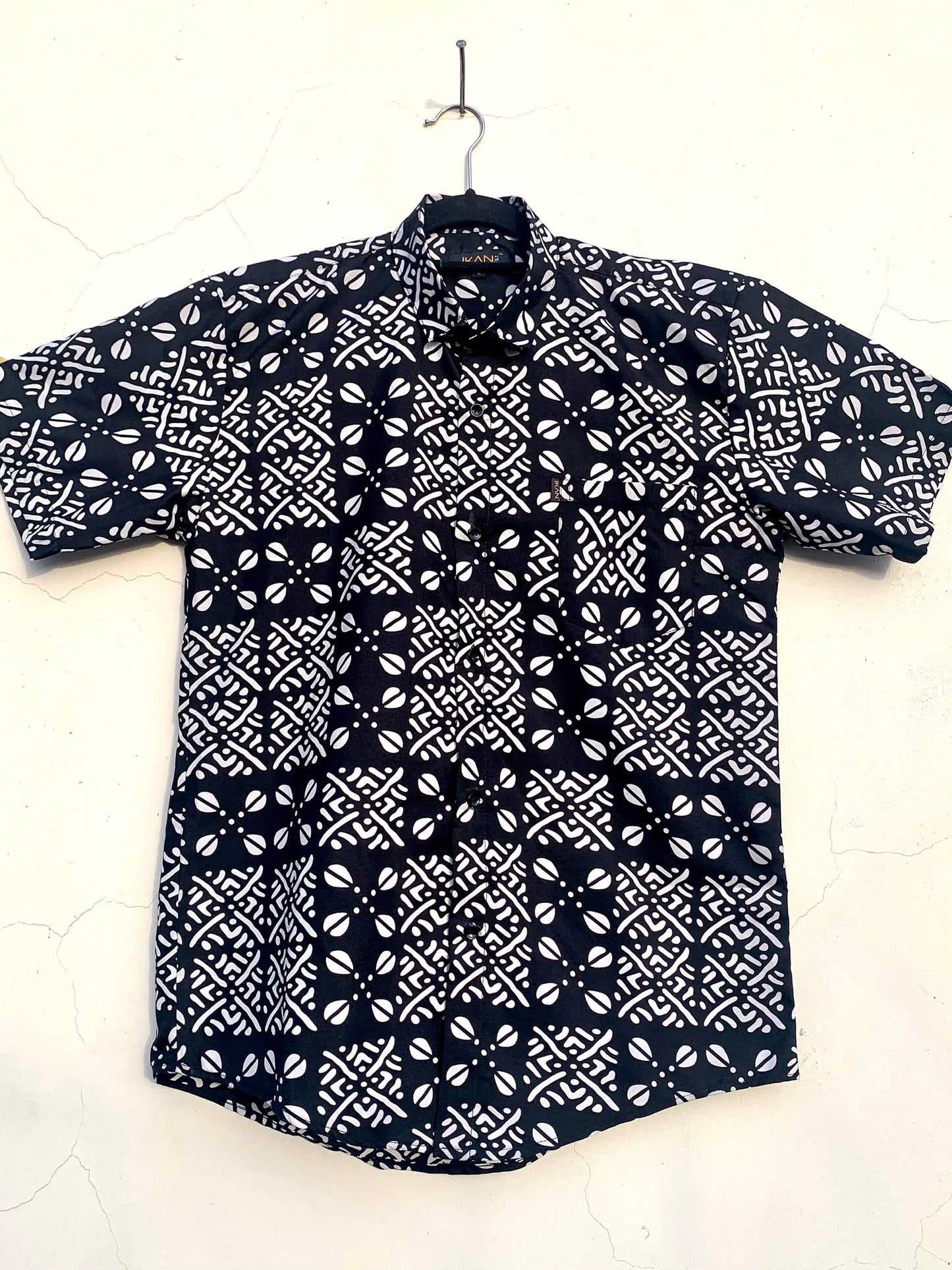 Black and white tribal ankara wax print short sleeve button shirt with front pocket