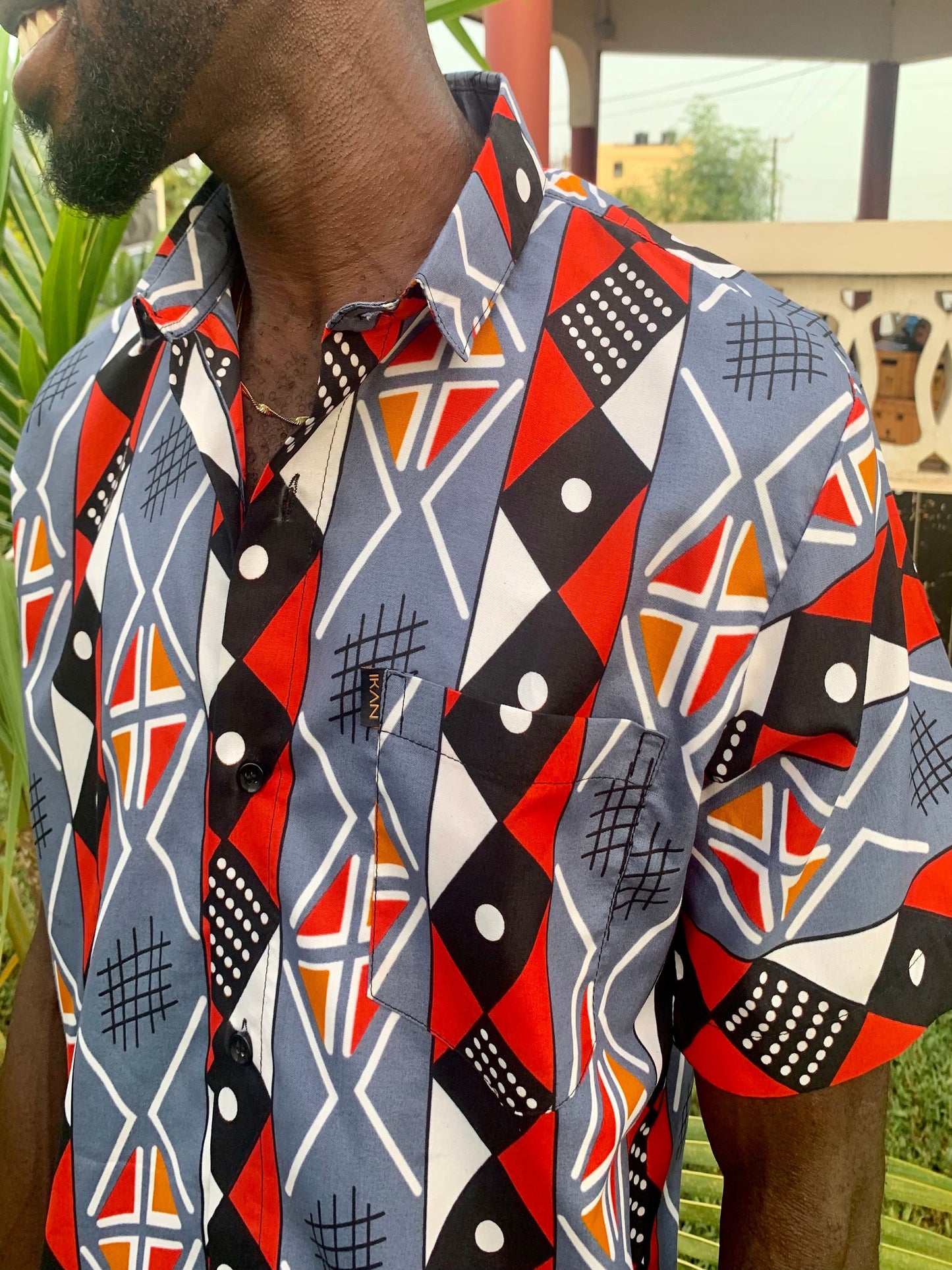 Super-soft 100% cotton multicoloured ankara wax print short sleeve button shirt with front pocket