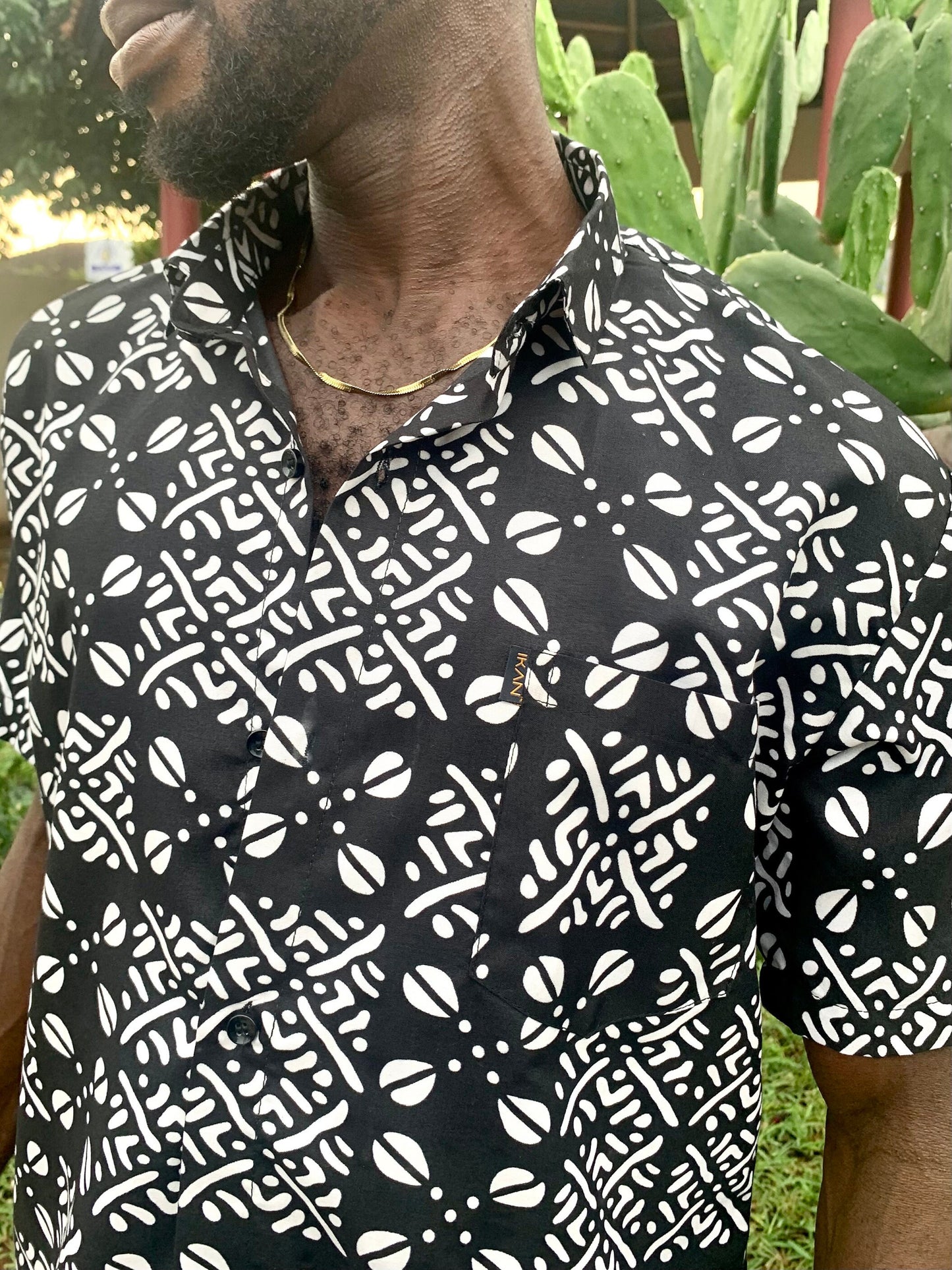 Black and white tribal ankara wax print short sleeve button shirt with front pocket