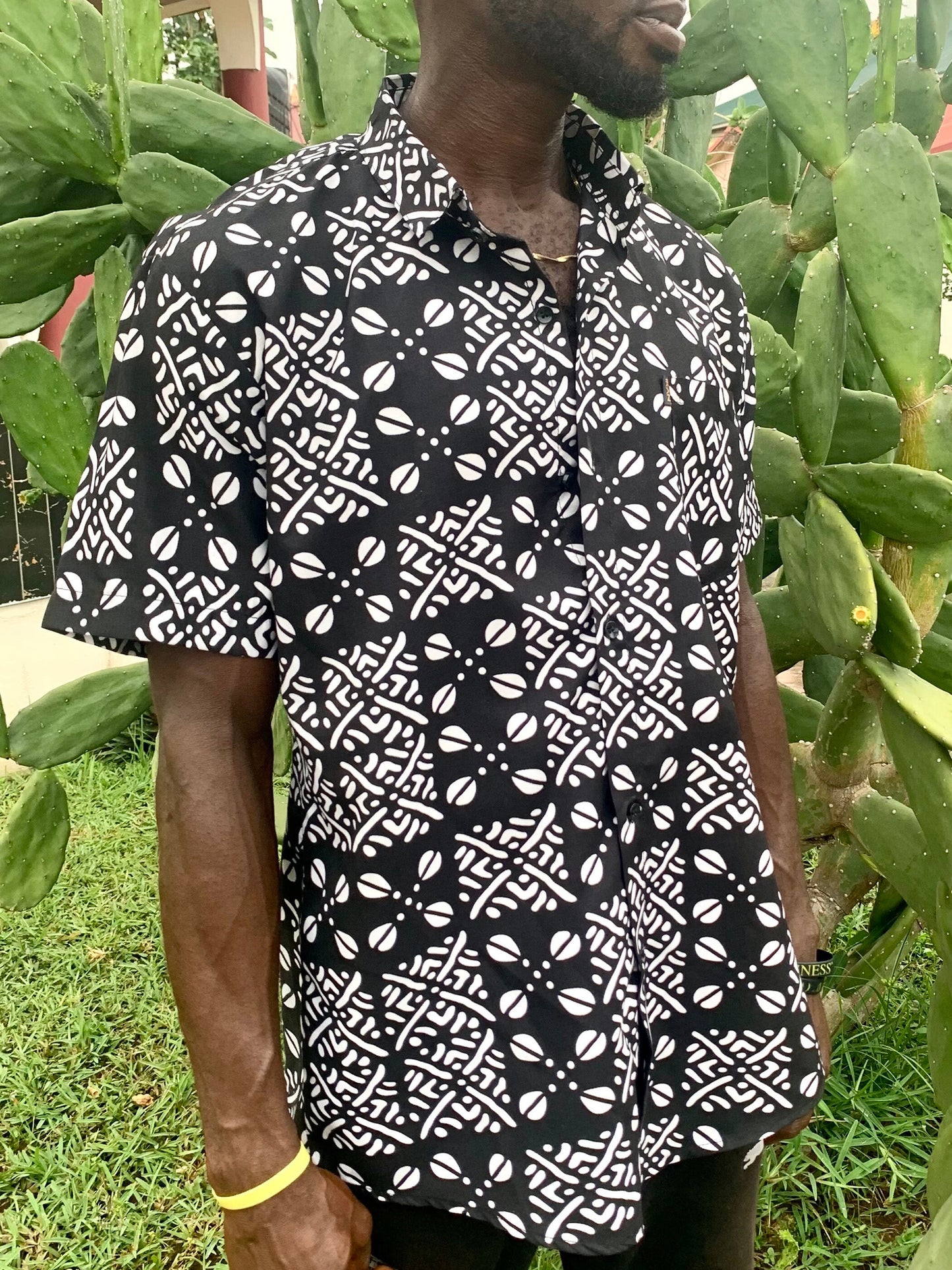 Black and white tribal ankara wax print short sleeve button shirt with front pocket