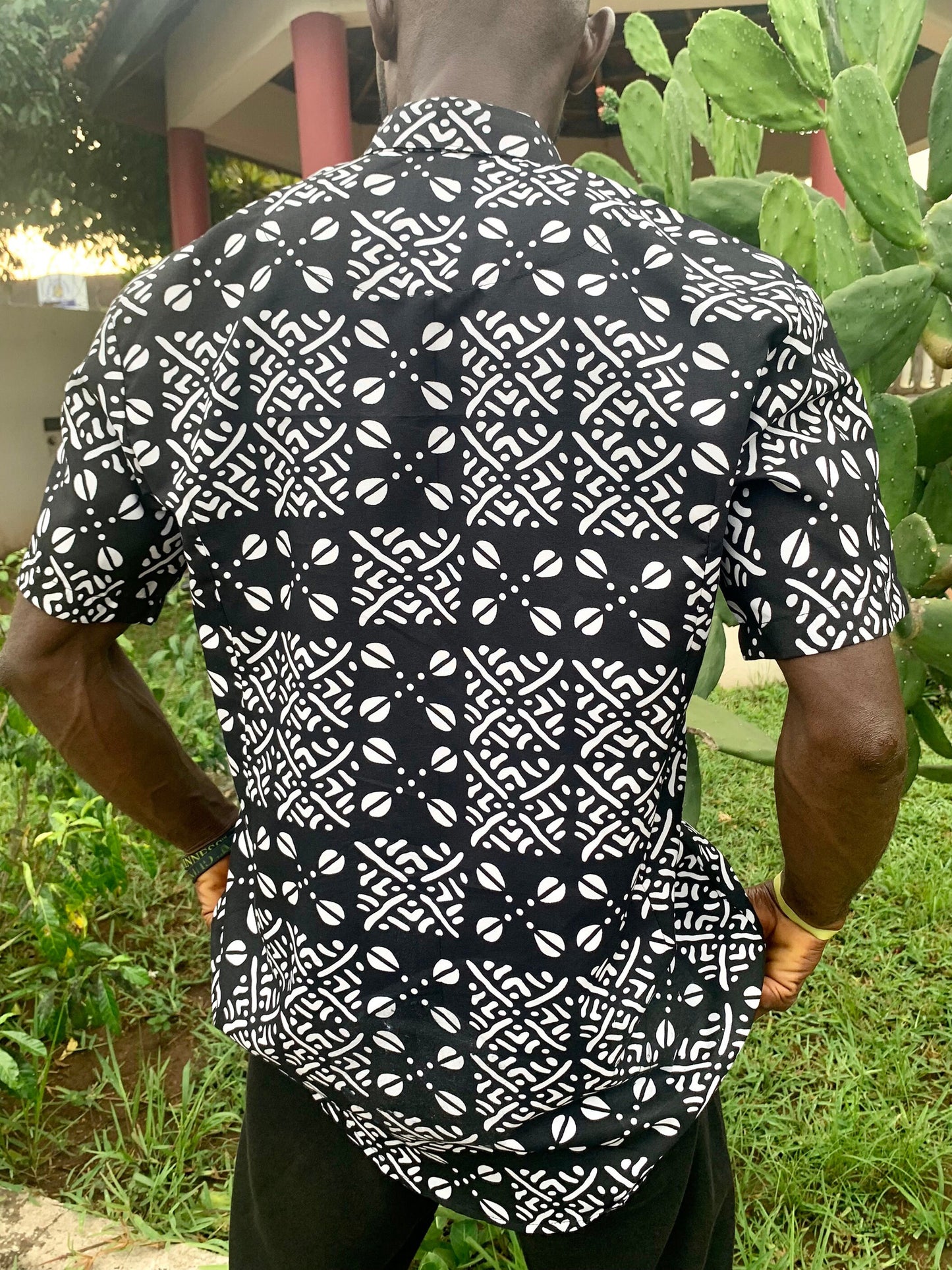 Black and white tribal ankara wax print short sleeve button shirt with front pocket