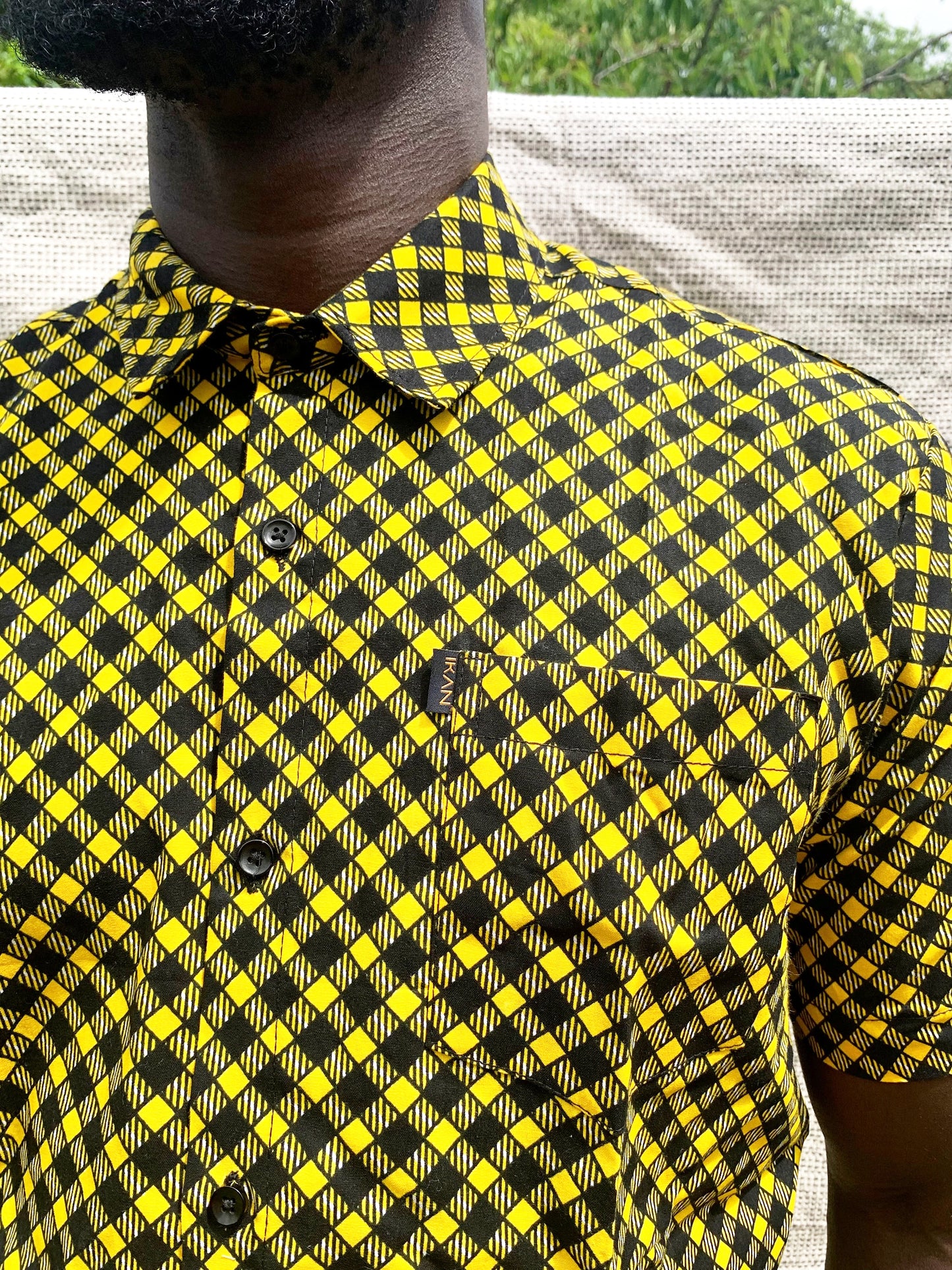 Black & yellow check pattern wax print short sleeve buttoned shirt with front pocket