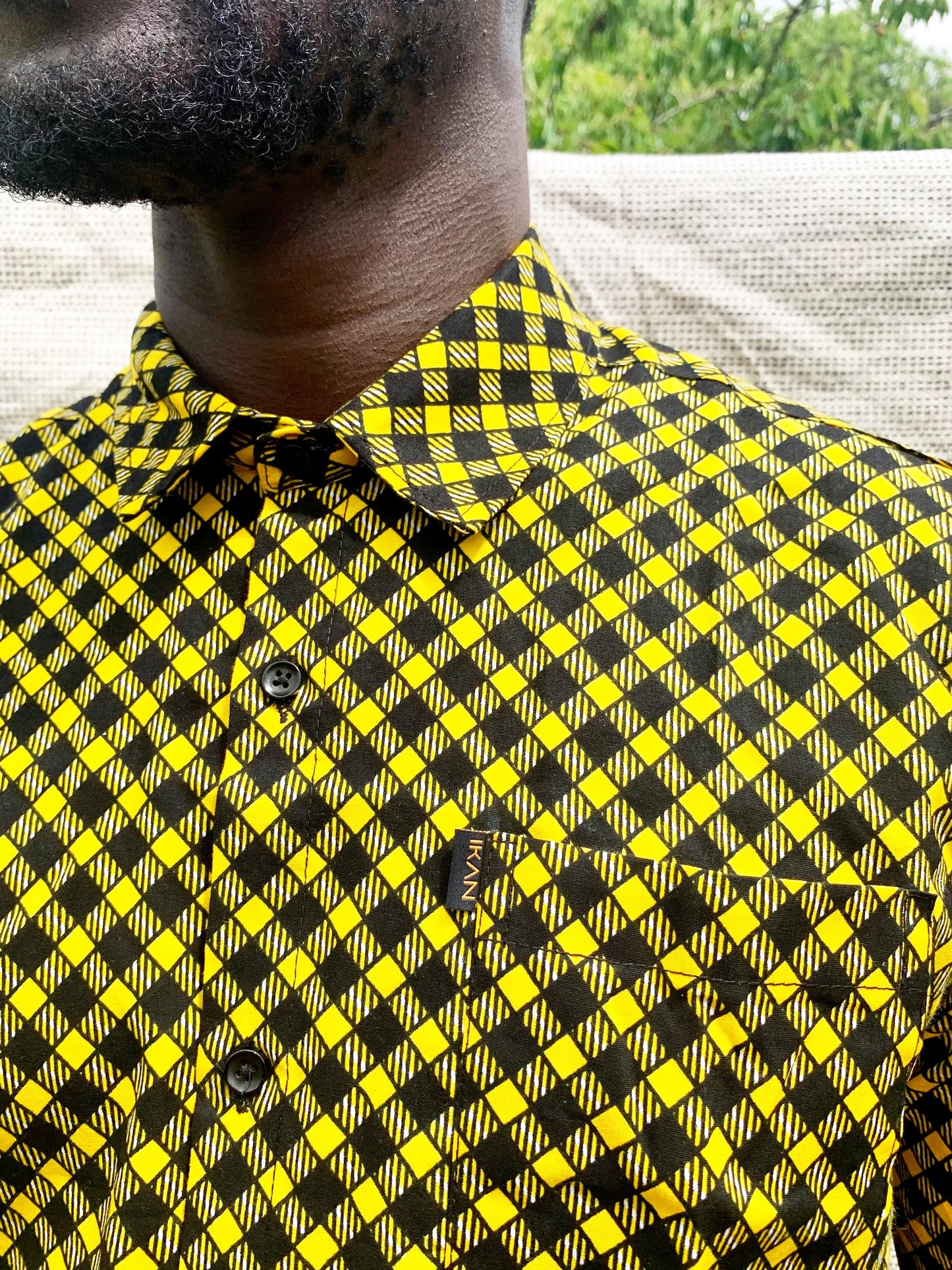 Black & yellow check pattern wax print short sleeve buttoned shirt with front pocket