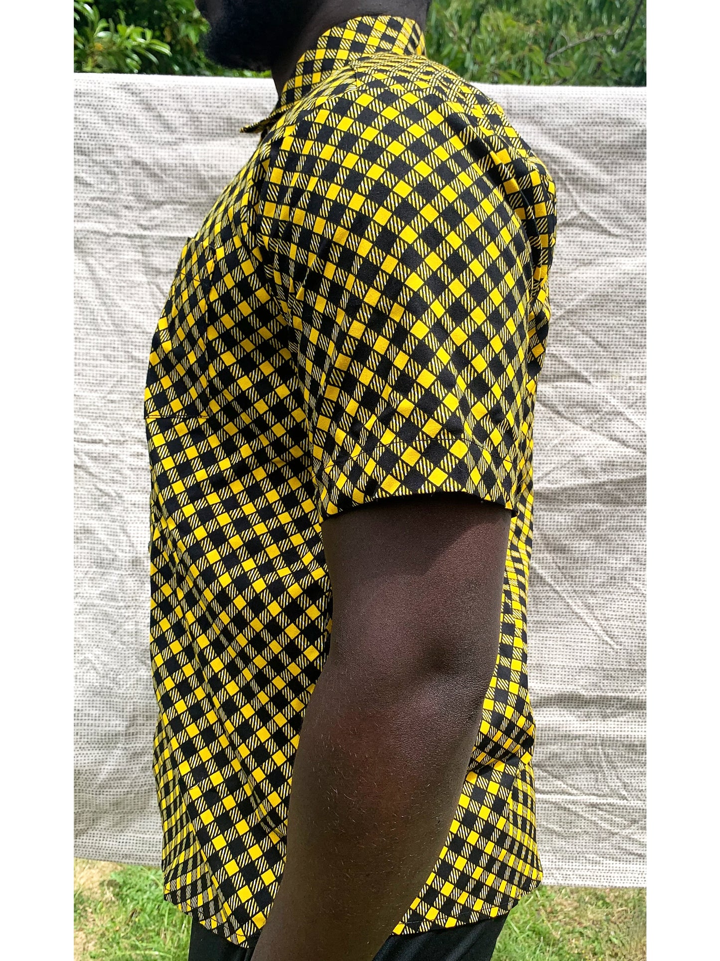 Black & yellow check pattern wax print short sleeve buttoned shirt with front pocket